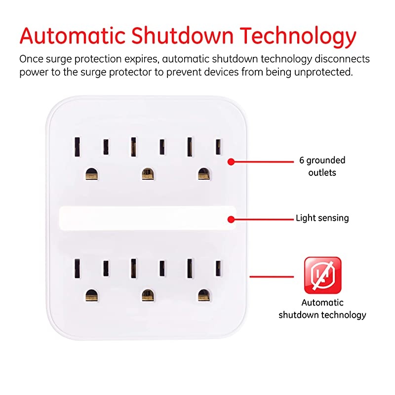 Pro 6 Outlet Sur Protector Wall Adapter with Light Sensing Night Light 3Prong Charging Station 440 Joules Protection Rating Automatic Shutdown White 41626