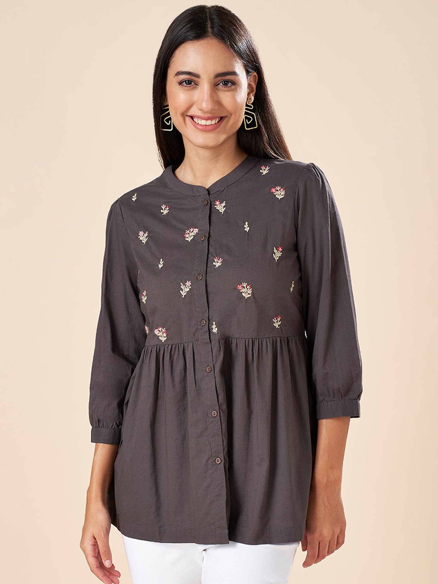 Akkriti by Pantaloons Charcoal Grey Cotton Embroidered Tunic