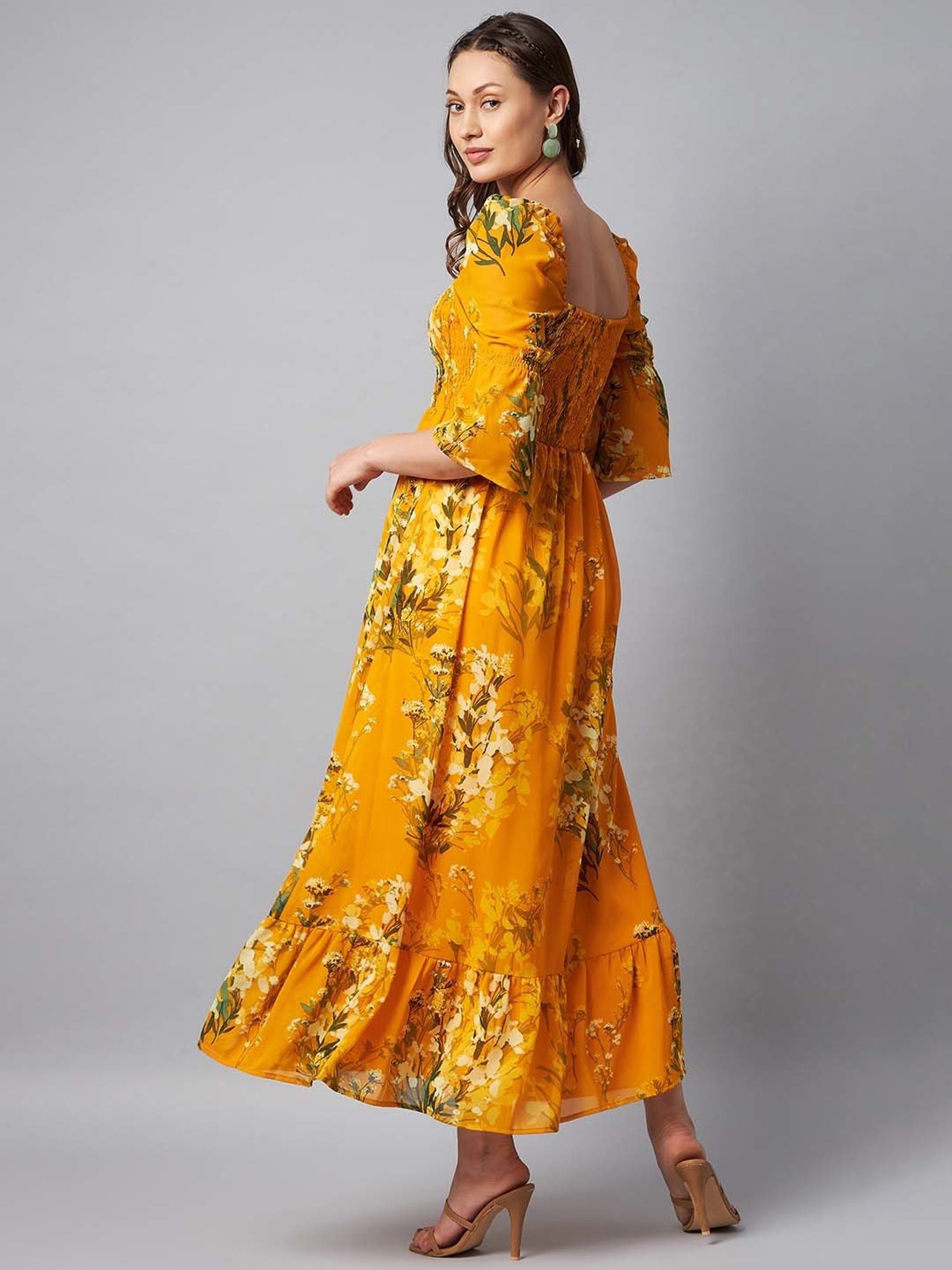 StyleStone Yellow Floral Print Maxi Fit & Flare Dress