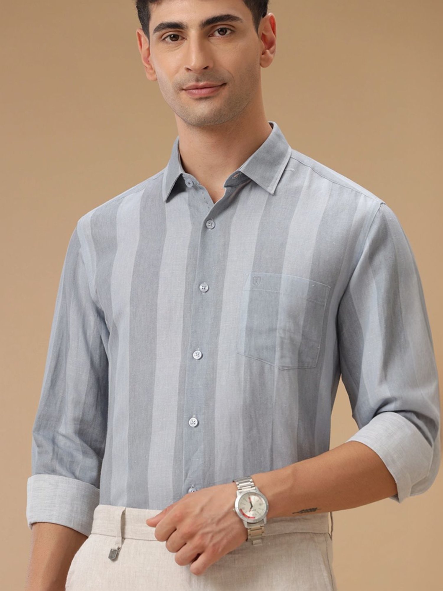 Linen Club Grey Contemporary Fit Striped Shirt