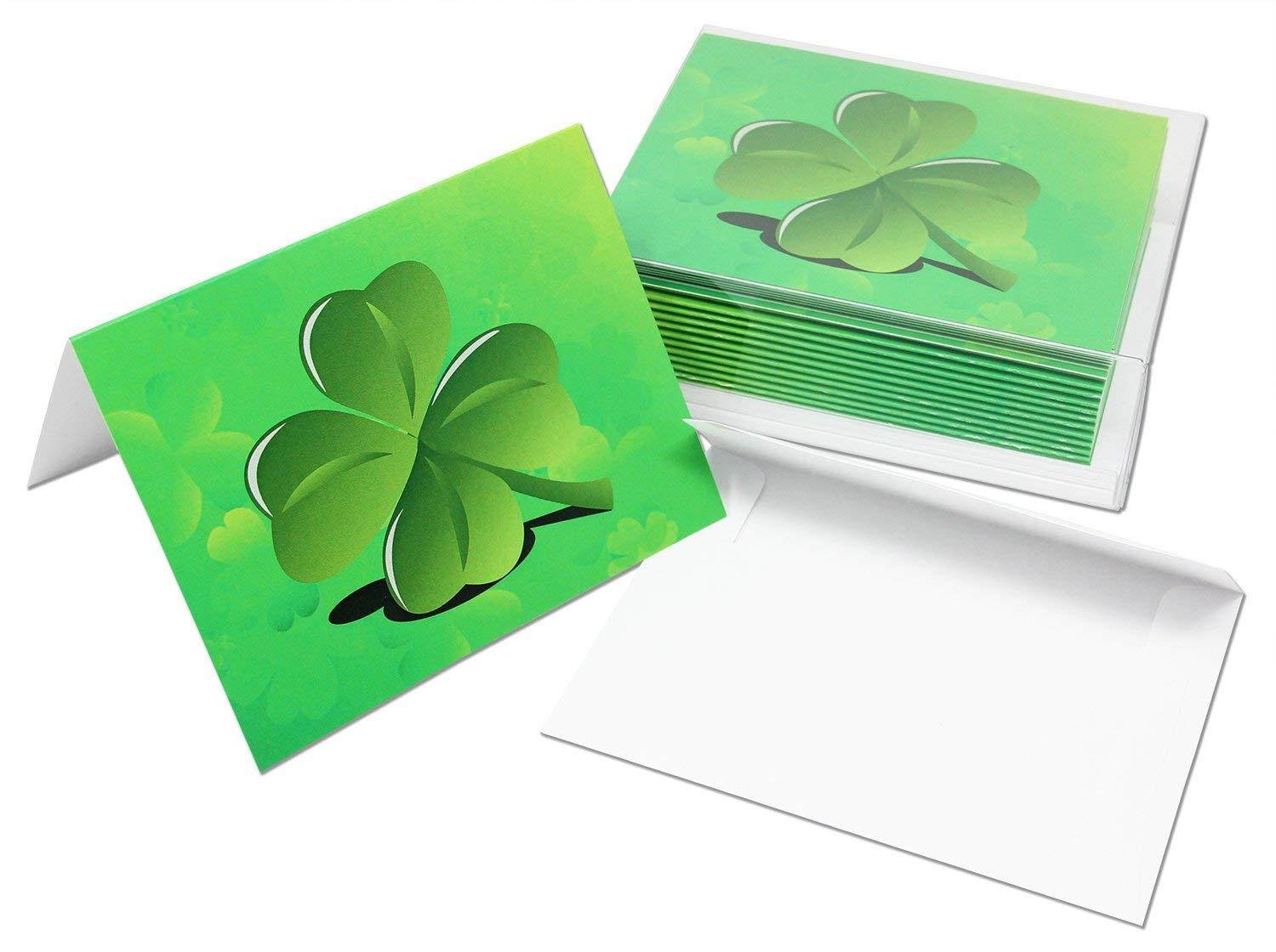 Good Luck Note Cards - Green Four Leaf Clover - St. Patrick's Day Greeting Cards with Envelopes - Blank on the Inside (24 Pack)