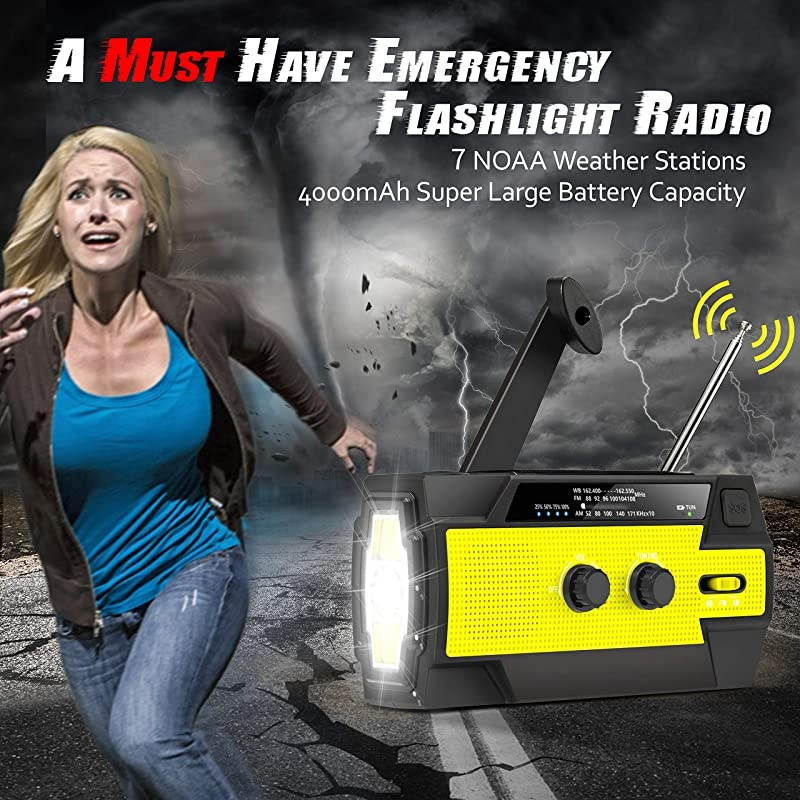 Flashlight Radio, 2021 Upgraded AM/FM/NOAA Weather Solar Crank Radio with 4000 mAh Replaceable Li-ion Battery, 3 Modes Flashlight,Sensor Reading Lamp,Phone Charger for Hurricanes, Tornadoes
