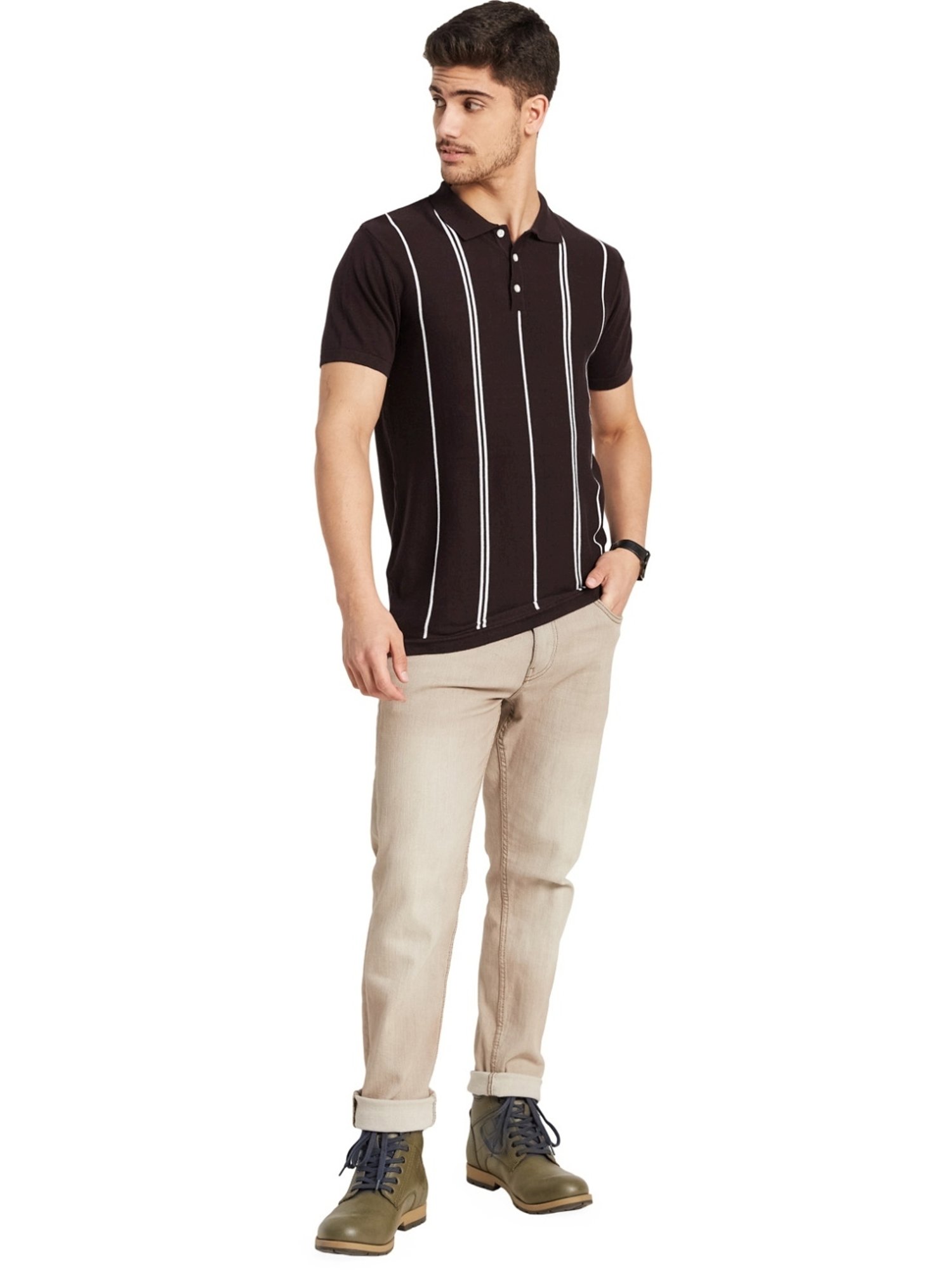 METTLE Wine Cotton Regular Fit Striped Polo T-Shirt