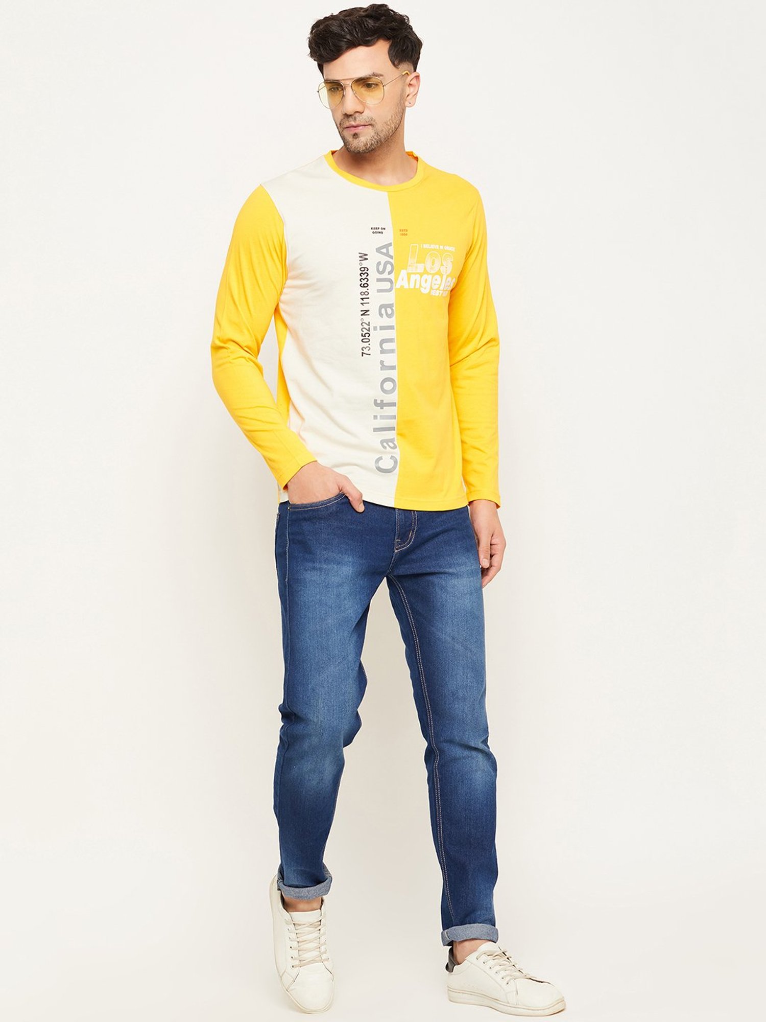 Club York Yellow Regular Fit Printed Crew T-Shirt