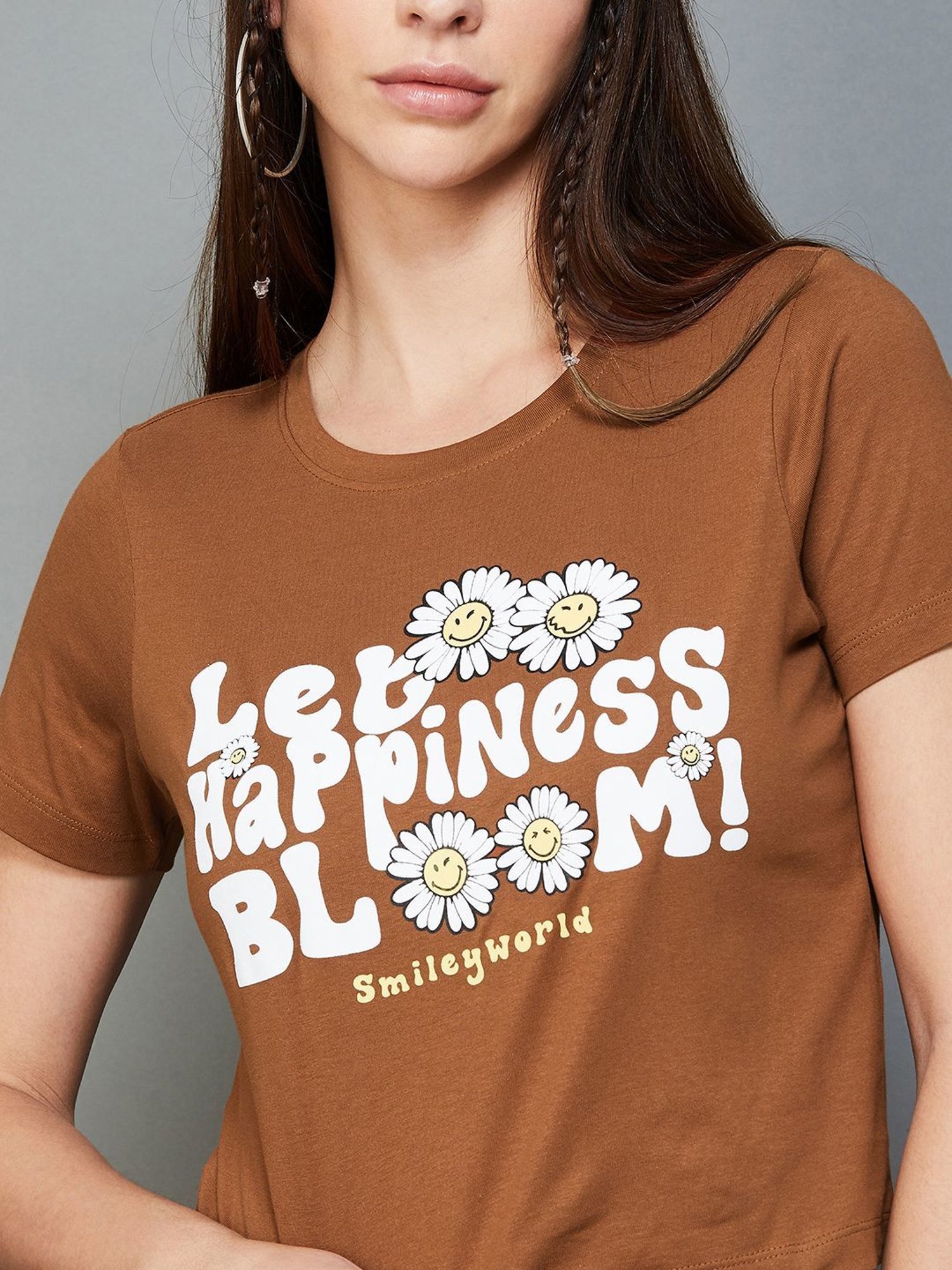 SmileyWorld Brown Cotton Printed Crop Top