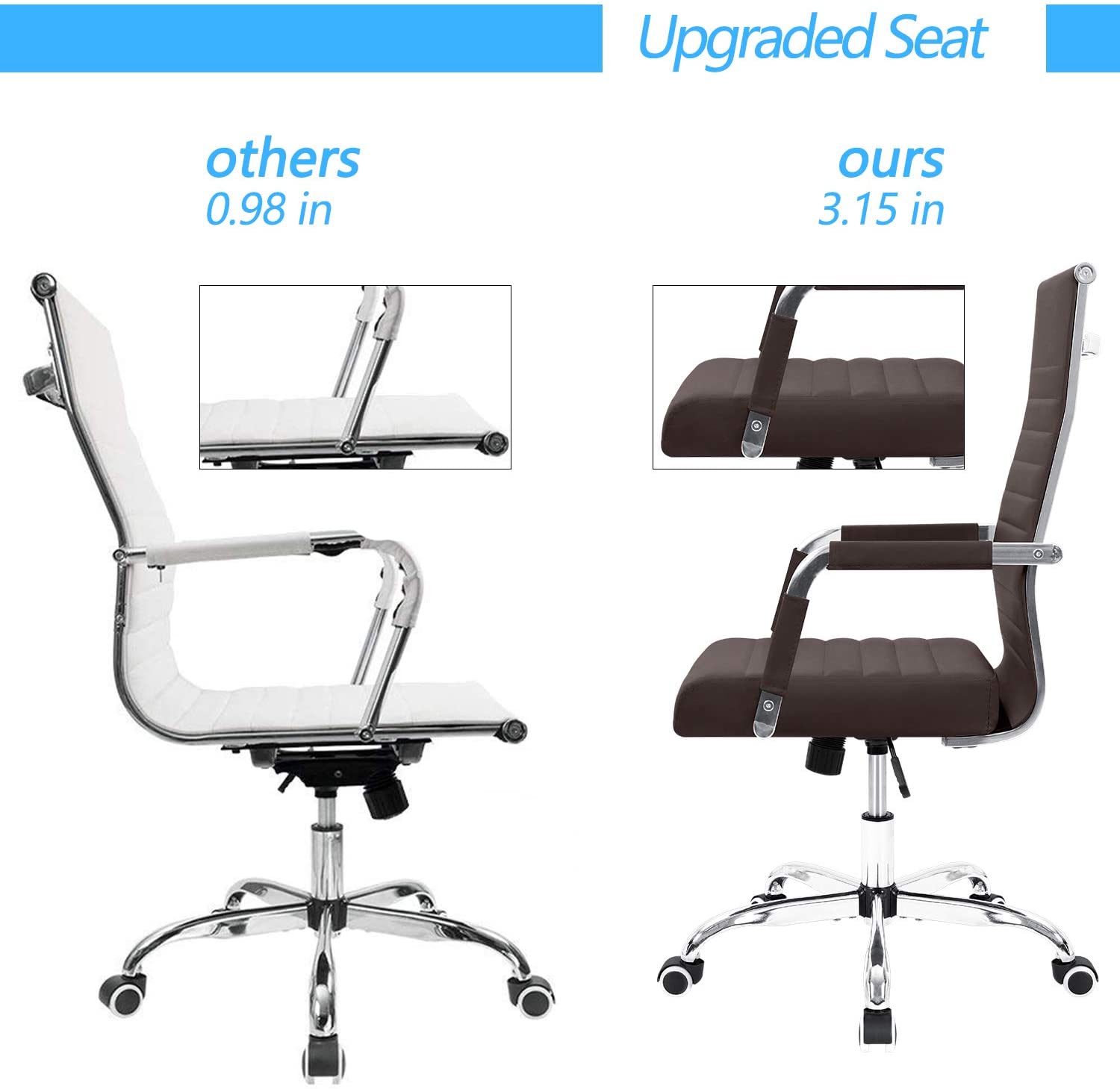 Furmax Ribbed Office Desk Chair Mid-Back PU Leather Executive Conference Task Chair Adjustable Swivel Chair with Arms (Brown)