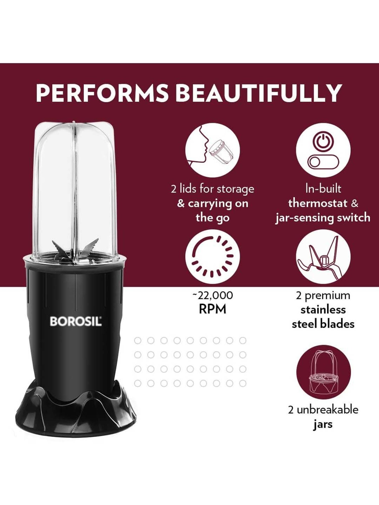 Borosil NutriFresh PB31 Black Plastic 400W Portable Mini-Blender & Grinder