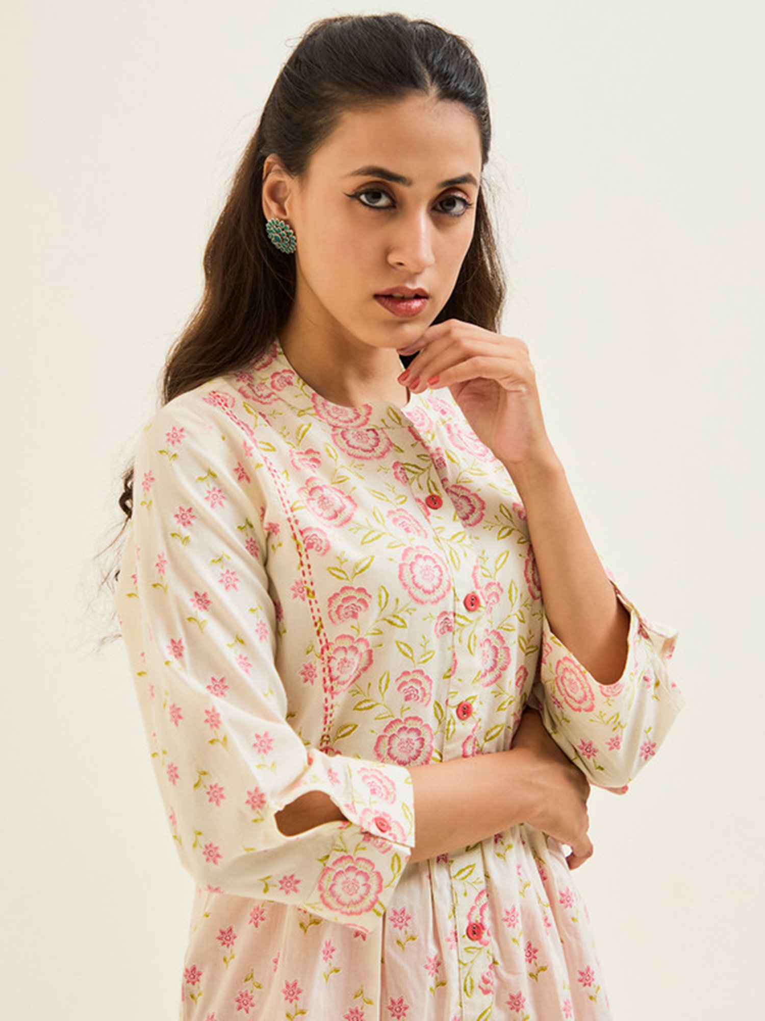 Jaipur Kurti Coral & Off White Cotton Floral Print Tunic