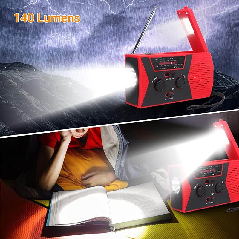 SOS 2000mAh Emergency Solar Hand Crank Portable Radio,NOAA Weather Radio for Household and Emergency with AM/FM,LED Flashlight,Reading Lamp,USB Charger,Battery Indicator (Red 1)