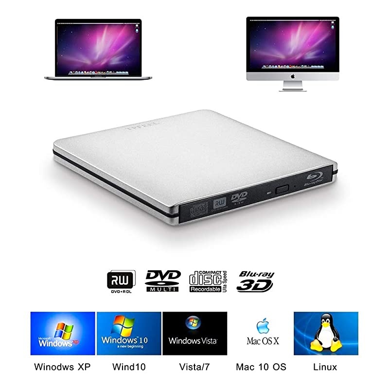 USB30 External BluRay Burner Drive Aluminum USB C Portable BluRay Writer Reader 3D 6x Slim BD CD DVD Player for Windows XP7810Mac OS Laptop DesktopSilver
