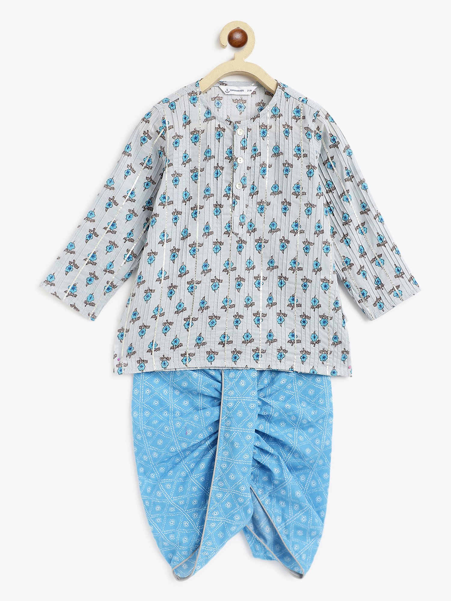 Campana Kids Grey & Blue Floral Print Full Sleeves Kurta with Dhoti