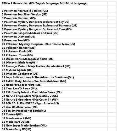 280 in 1 DS Game Cartridge Multicart US Version For Nintendo DS NDS NDSL NDSI 2DS 3DS 3DS LL / XL