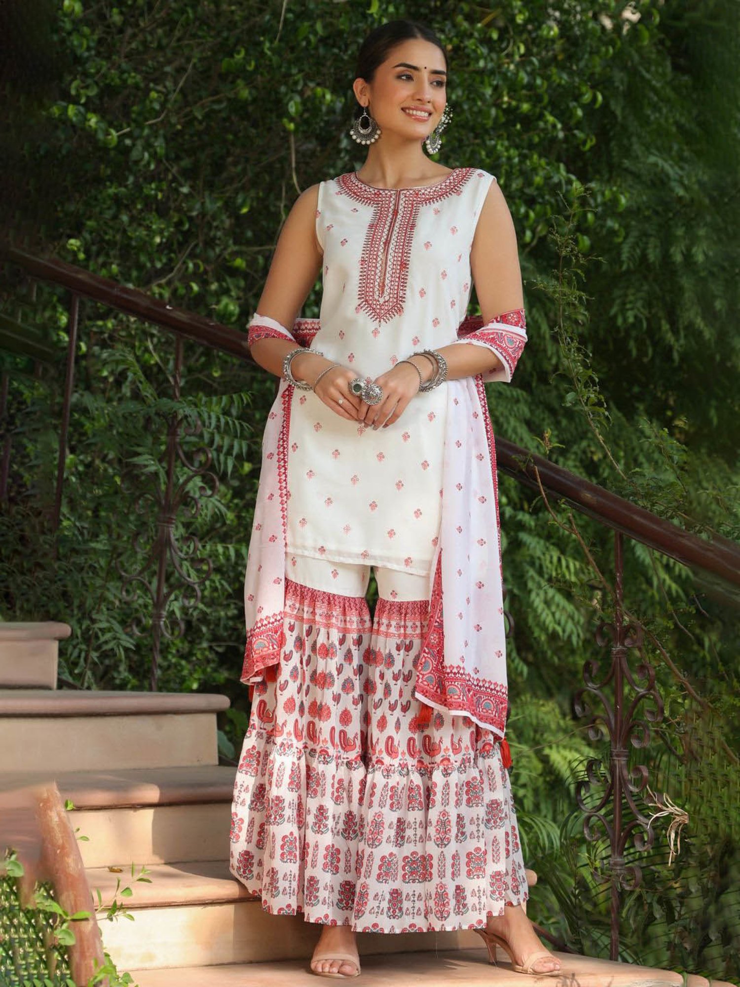 Juniper Maroon Ethnic Motif Print Georgette Kurta Sharara & Dupatta Set With Thread Work Embroidery