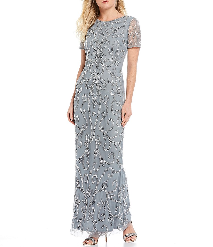 Pisarro Nights Beaded Scroll Motif Short Sleeve Gown