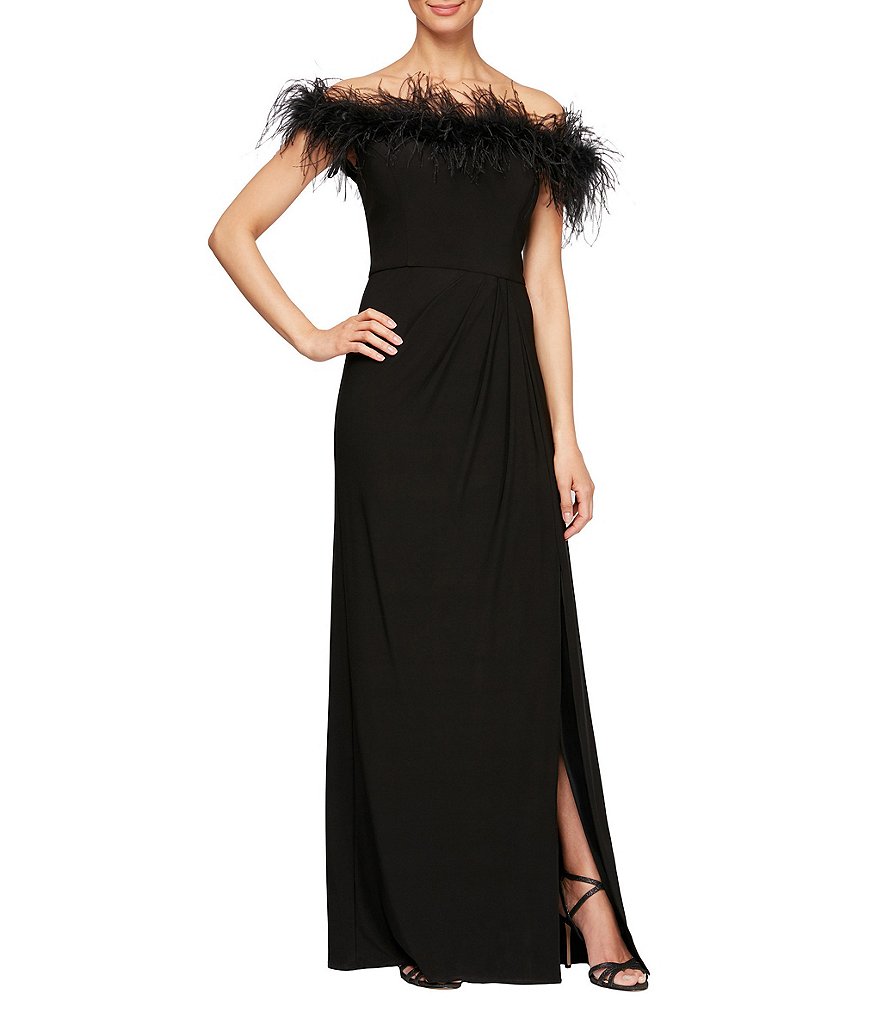Alex Evenings Stretch Matte Jersey Feather Off-the-Shoulder Front Slit Gown