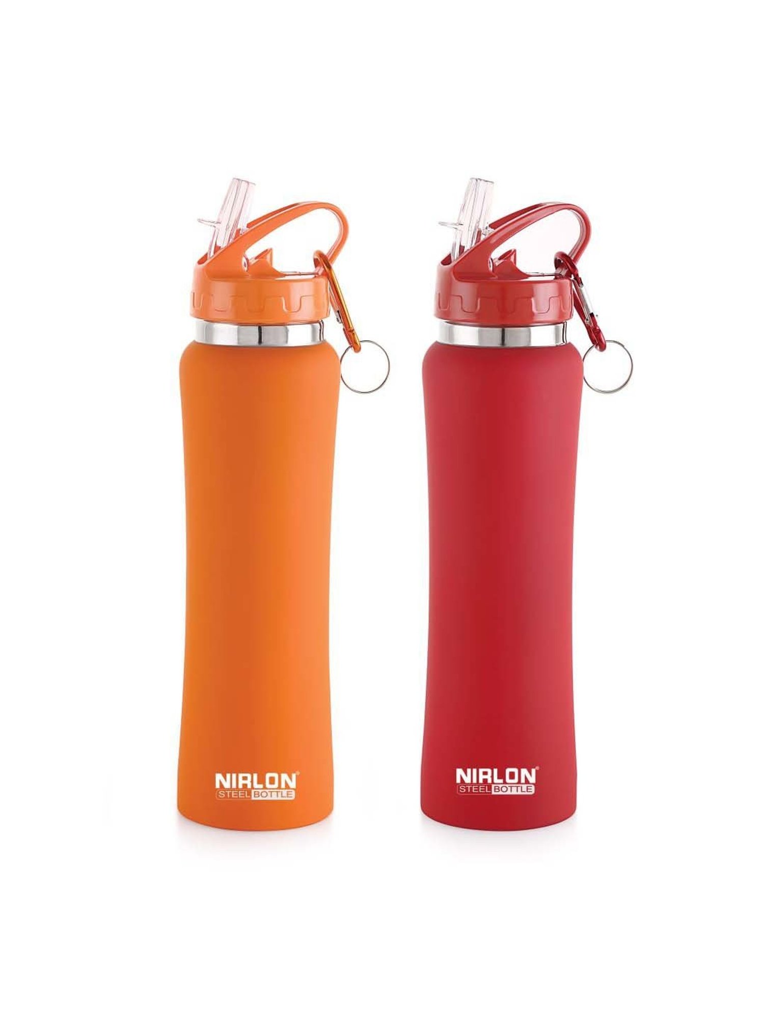 Nirlon Flip Bot Orange & Red Stainless Steel Water Bottle (0.75 L) - Set of 2