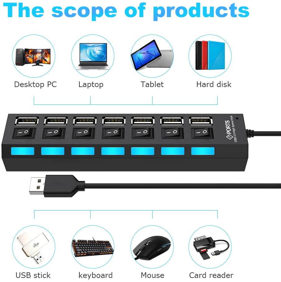 Multi Port USB Splitter, 7-Ports USB 2.0 Hub High Speed ON/Off Individual Switch with LEDs Compatible for All USB Device (7-Ports)