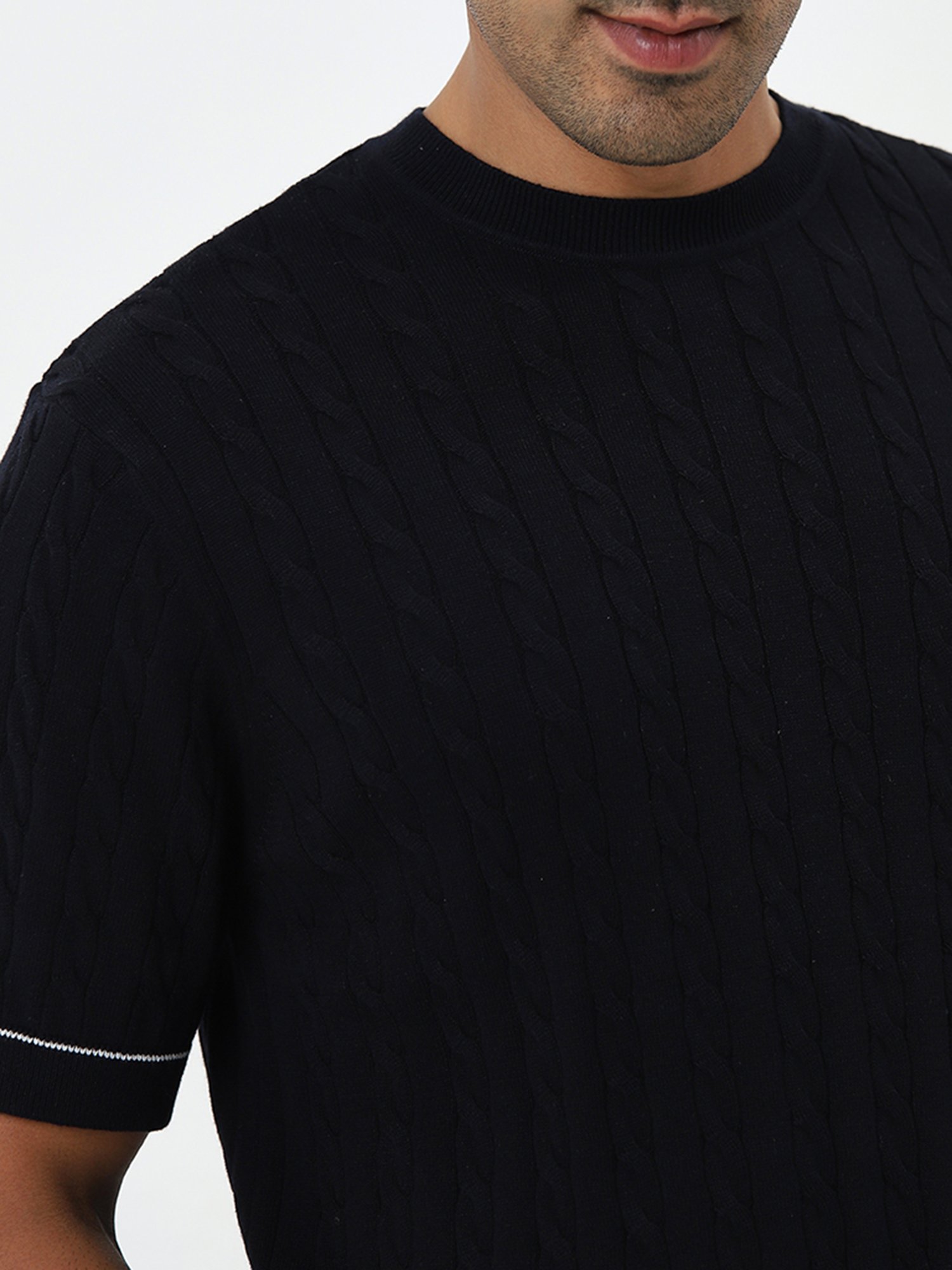 Ascot by Westside Navy Ribbed Textured Relaxed-Fit Cotton T-Shirt