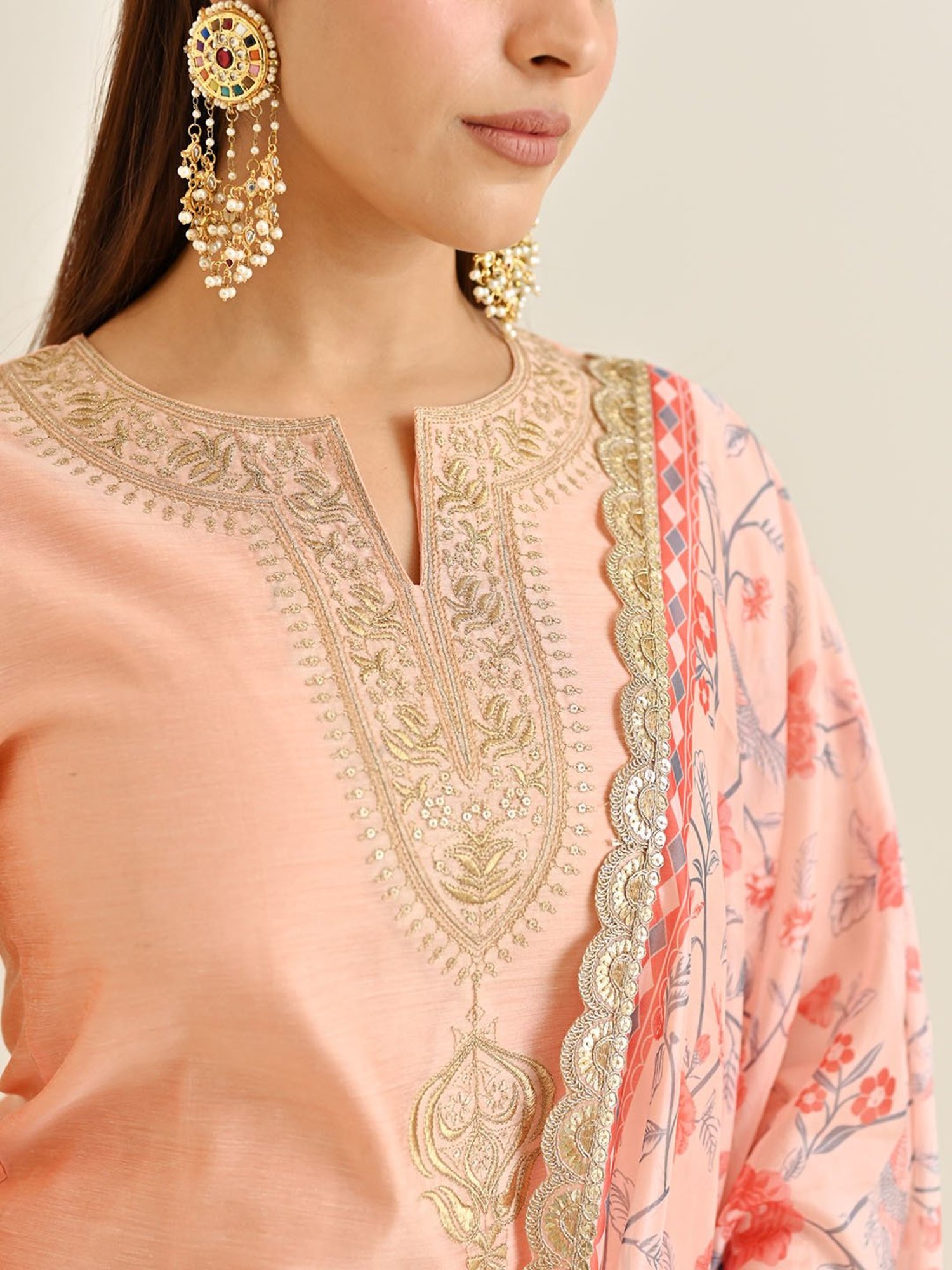 Rustorange Peach Embroidered Kurta With Pant & Dupatta