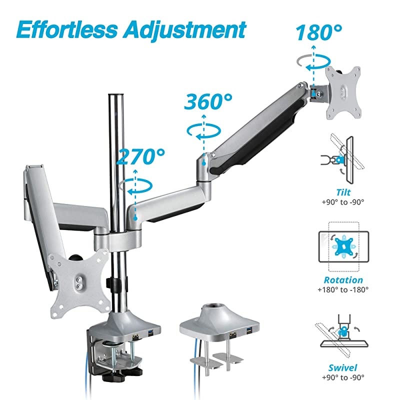 Dual 13"-32" Monitor Arm Desk Mount fits Two Flat/Curved Monitor Full Motion Height Swivel Tilt Rotation Adjustable Monitor Arm - Extra Tall Pole/VESA/C-Clamp/Grommet/Cable Management