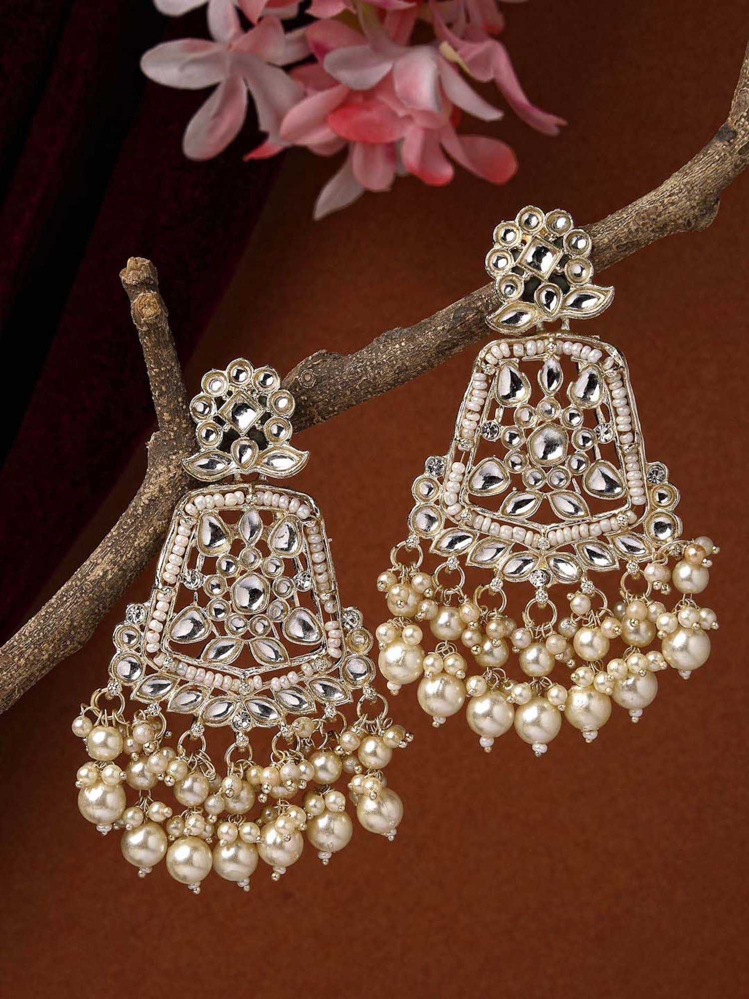 NVR Gold-Plated Kundan Dangler Earrings for Women