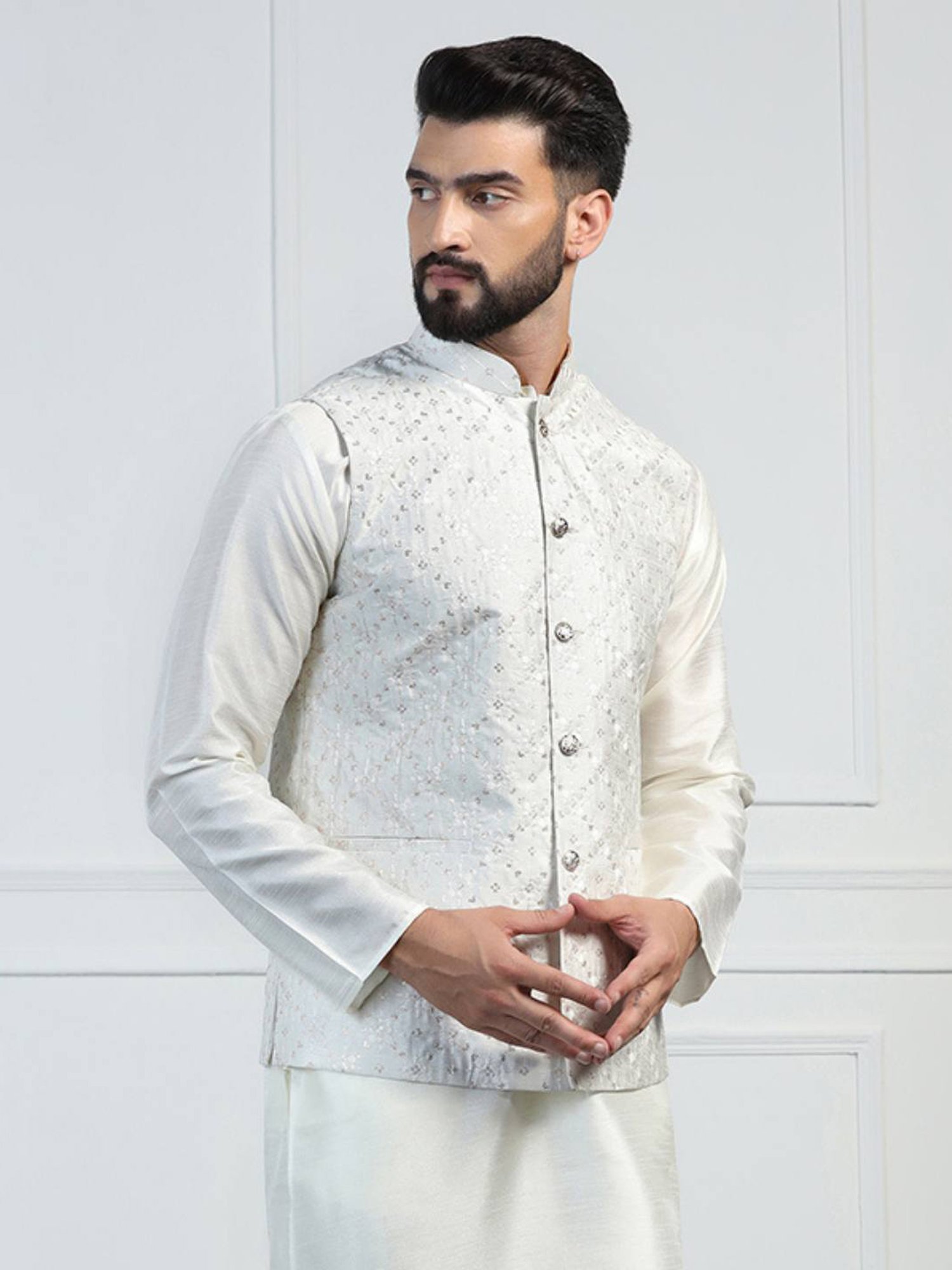 TAHVO White Regular Fit Embroidered Nehru Jacket