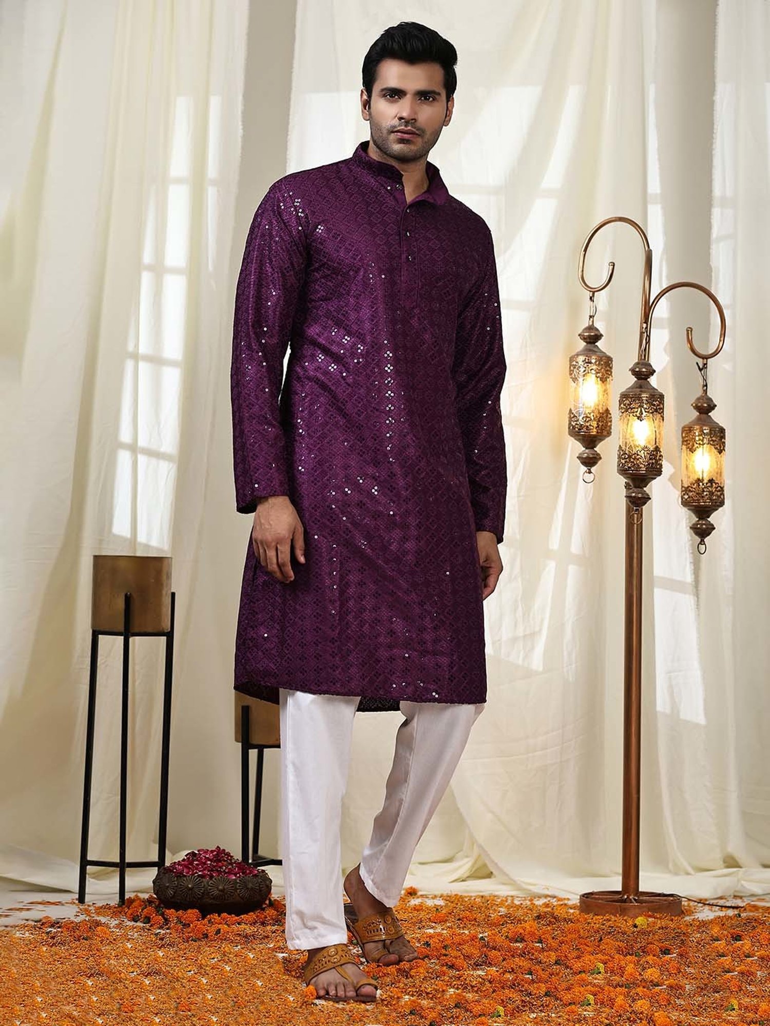 Pro-Ethic Style Developer Purple & White Regular Fit Embroidered Kurta & Pyjamas Set