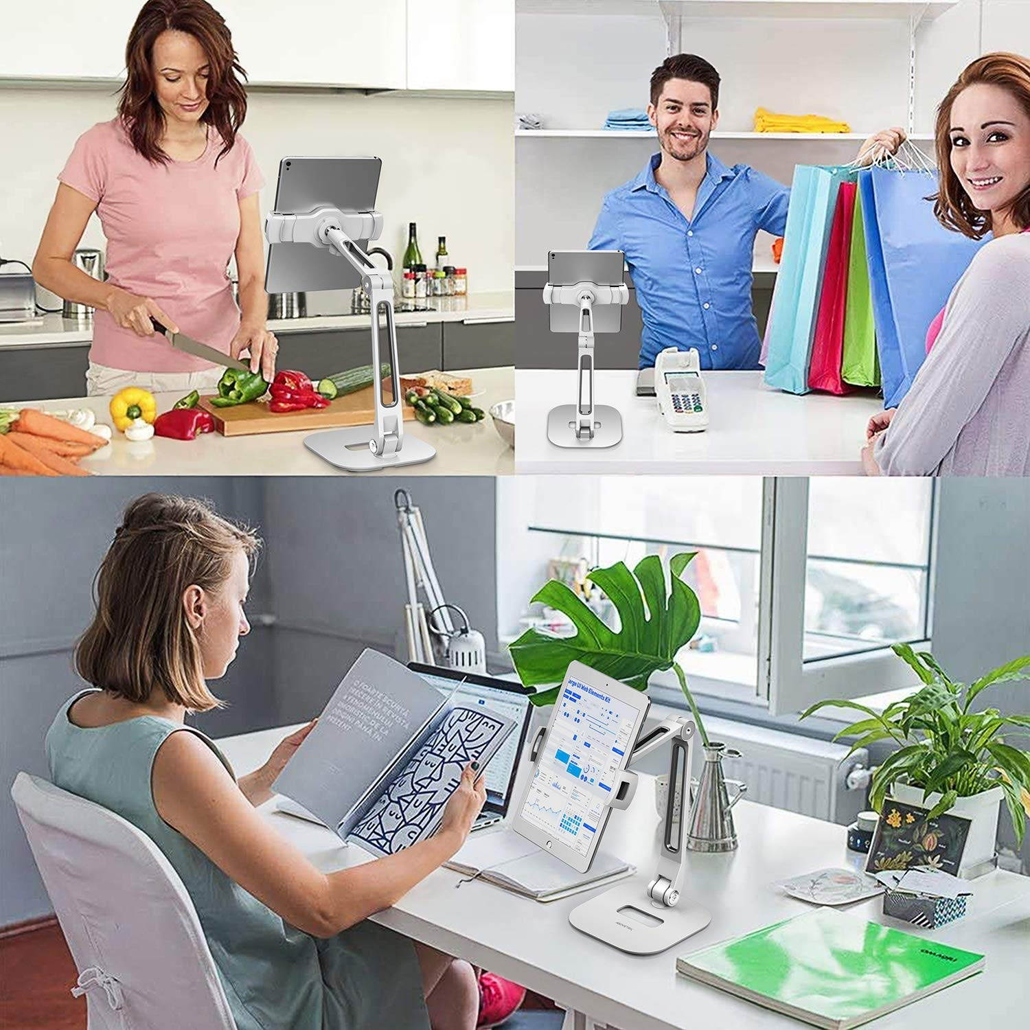 AboveTEK Long Arm Aluminum Tablet Stand, Folding iPad Stand with 360&deg; Swivel iPhone Clamp Mount Holder, Fits 4-11" Display Tablet/Phones for Kitchen Table Bedside Office Desk POS Kiosk Reception