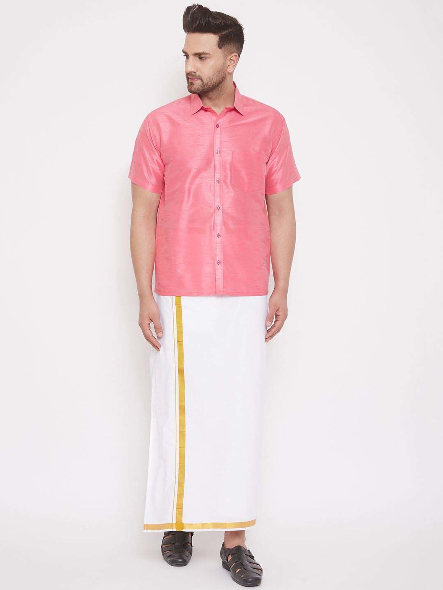 Vastramay Pink & White Regular Fit Ethnic Shirt With Mundu