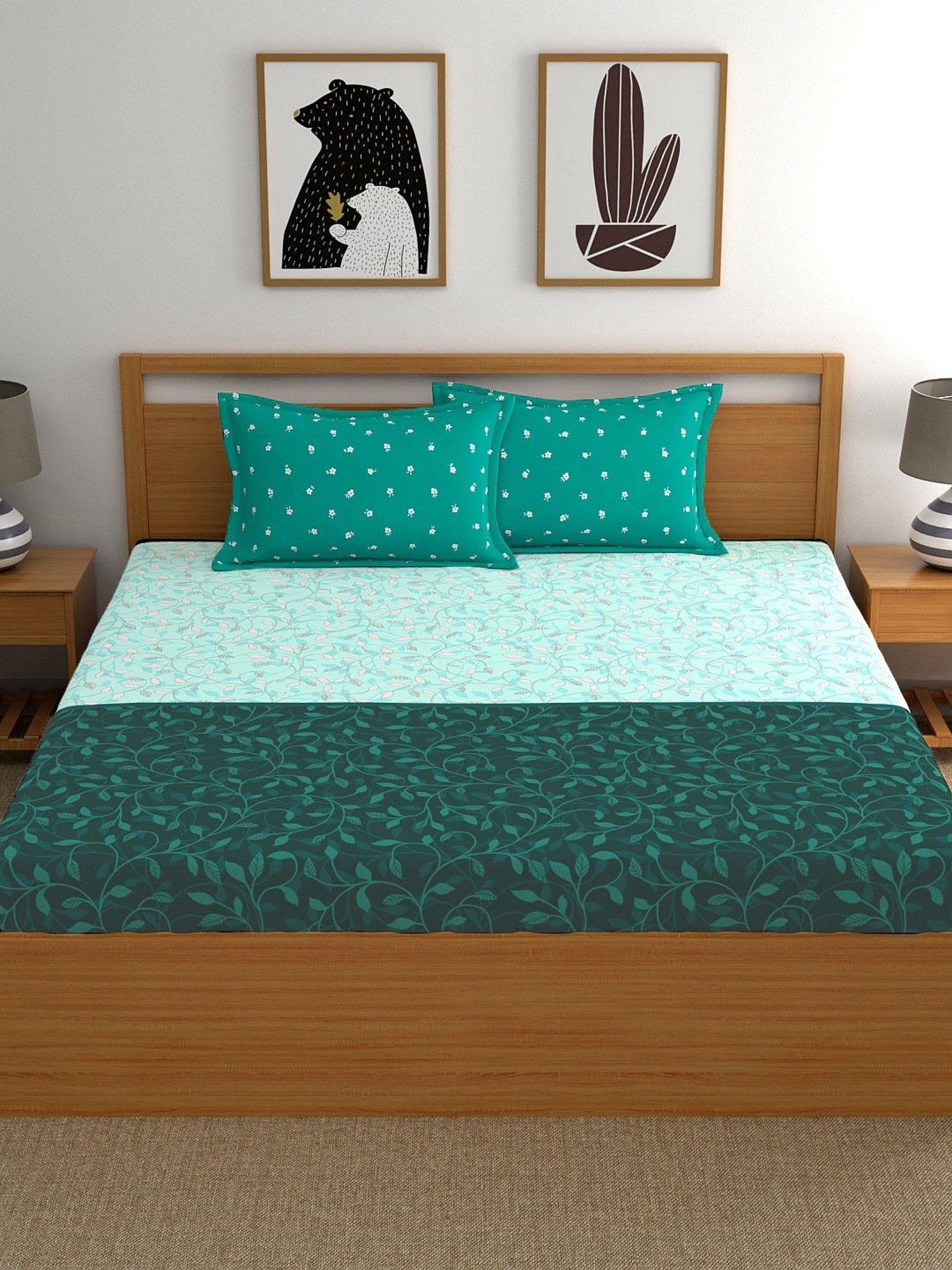 My Room Floral Teal Green 140 TC Cotton Queen Bed Sheet with 2 Pillow Covers