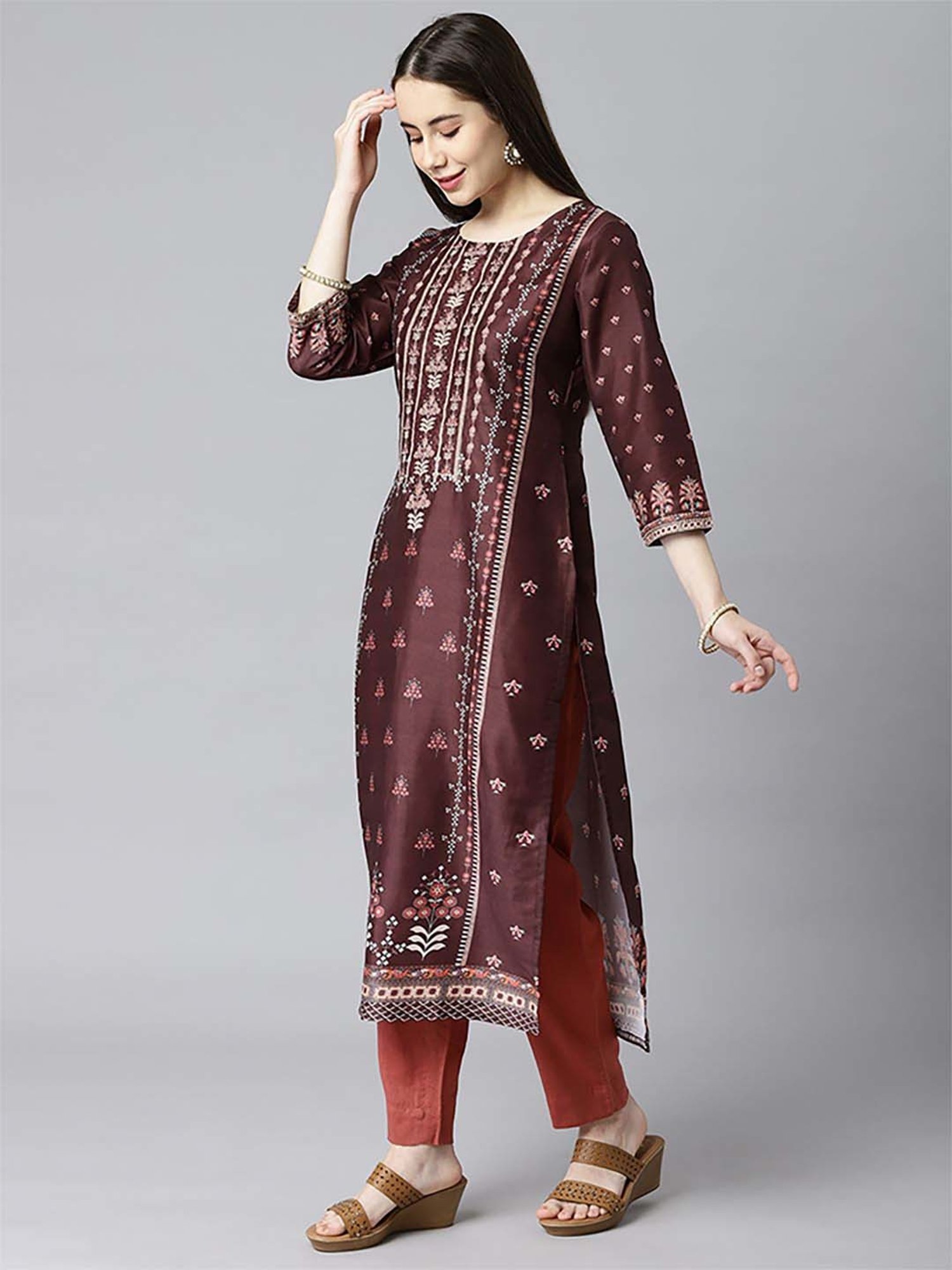 Kami Kubi Brown Printed Straight Kurta