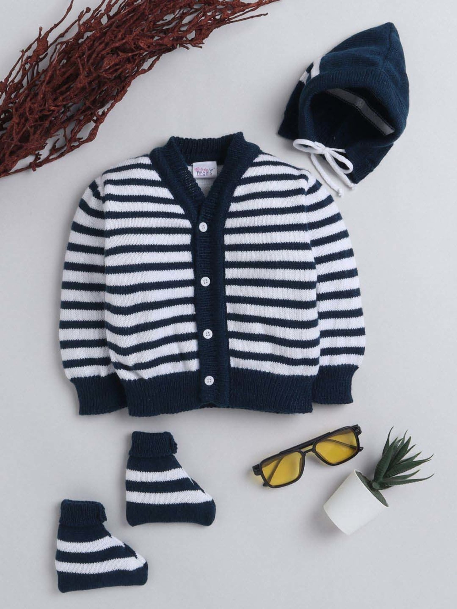 Little Angels Kids Navy & White Striped Full Sleeves Sweater Set