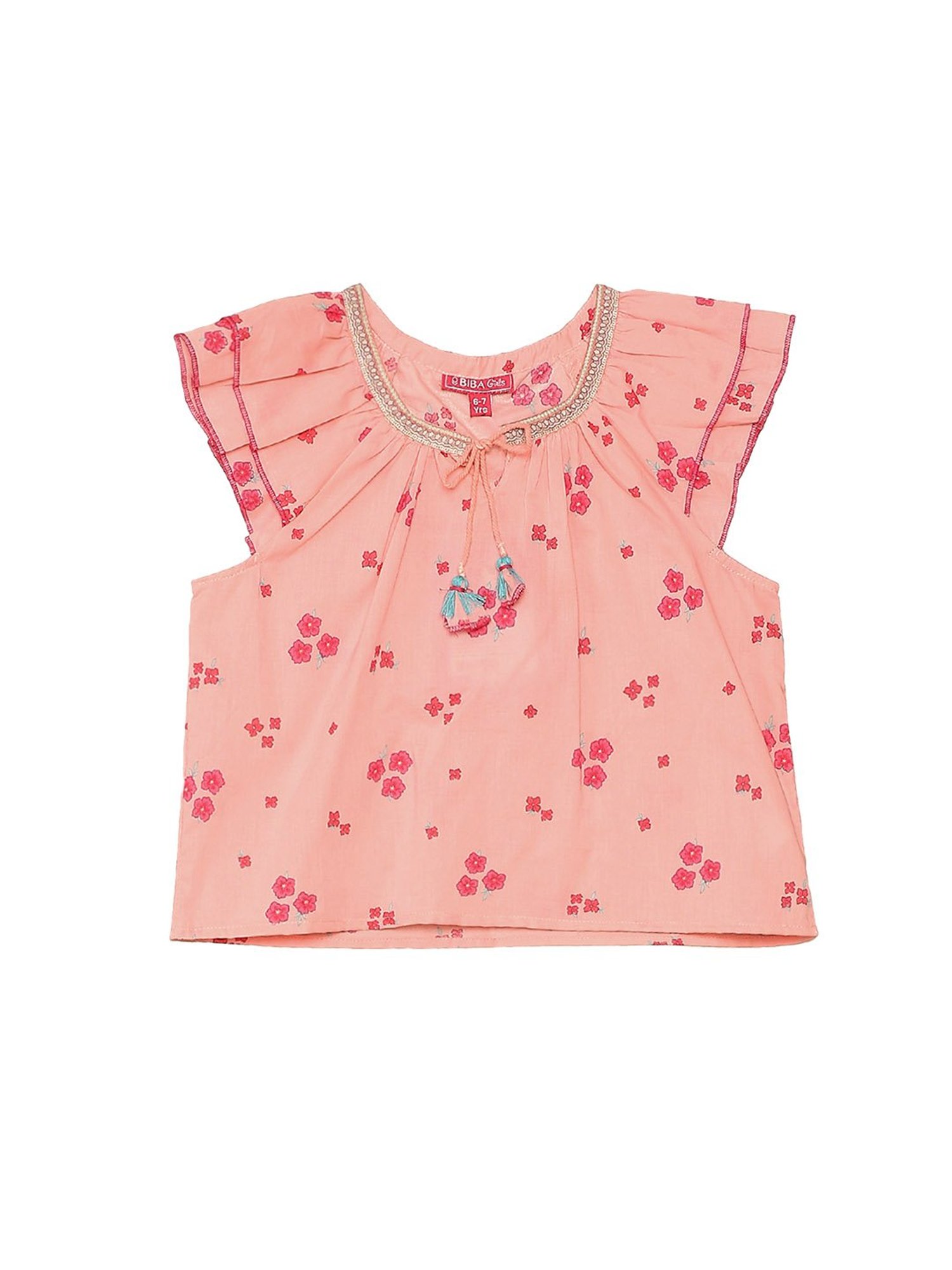 BIBA Girls Peach Printed Top