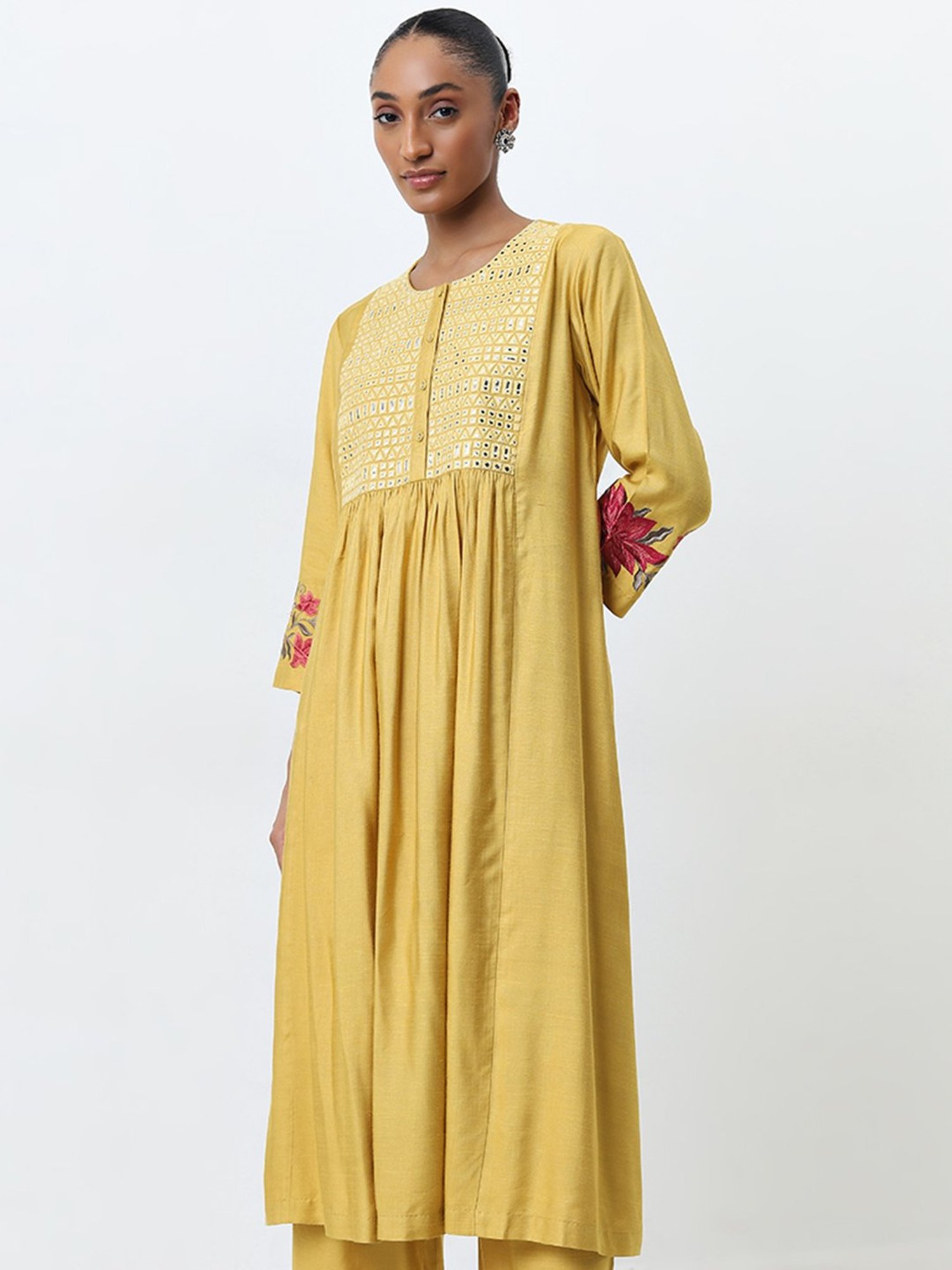 Zuba by Westside Yellow Mirror Work Detailed A-Line Kurta