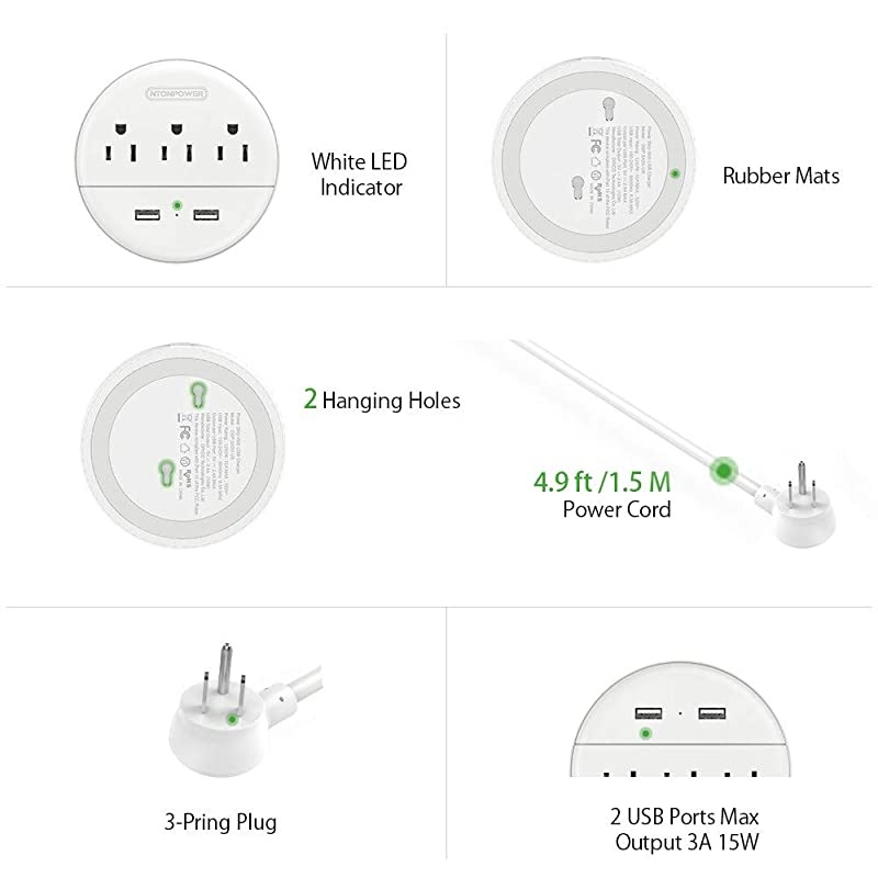 2 Pack Travel Power Strip,  Flat Plug Power Strip with USB, 3 Outlet 2 USB Desktop Charging Station with 5ft Power Cord Wall Mount for Cruise , Travel, Hotel, Nightstand and Office, White