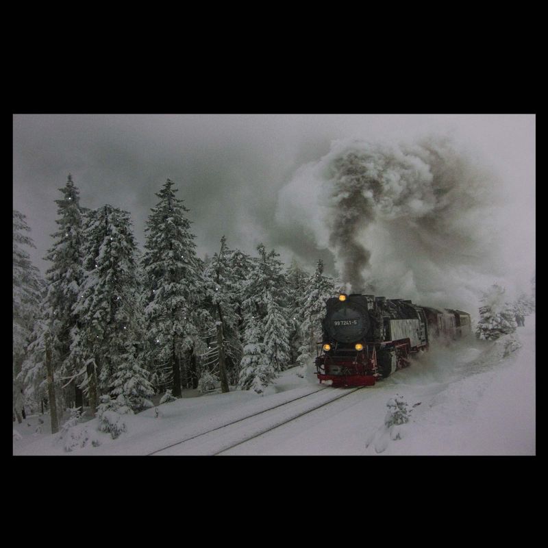 Northlight Large Fiber Optic and LED Lighted Winter Woods with Train Canvas Wall Art 23.5" x 15.5"