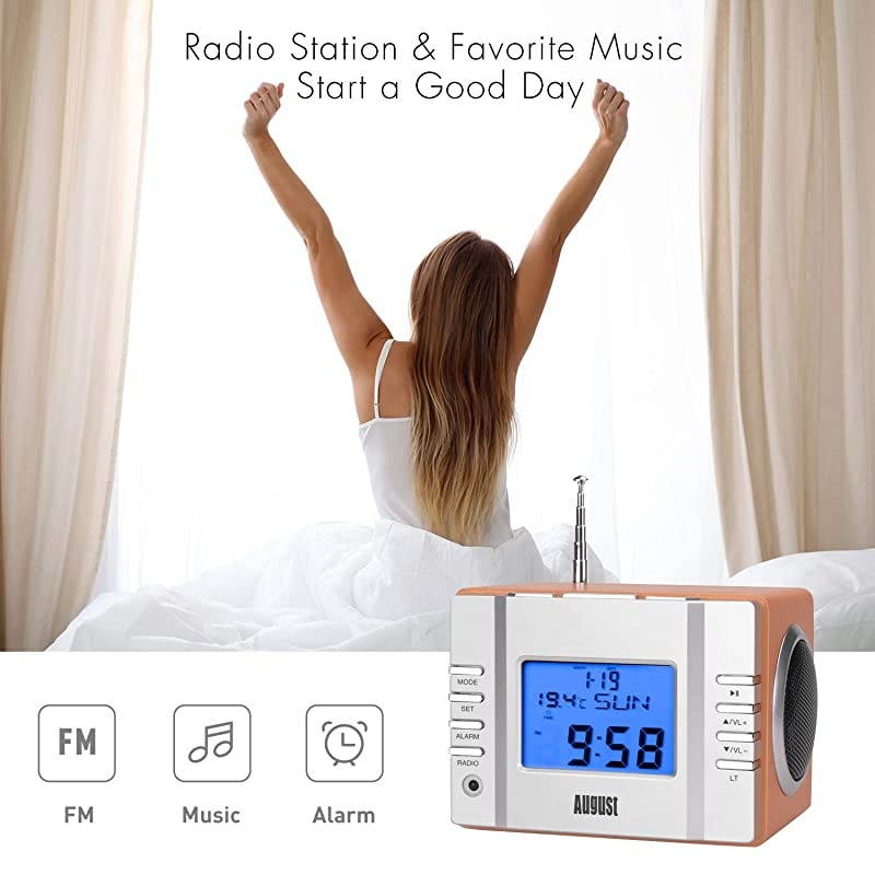MB300 Mini Wooden MP3 Stereo System and FM Clock Radio with Card Reader USB Port AUX Jack 35mm Audio In 2 x 3W Powerful HiFi Speakers and Builtin Rechargeable Battery