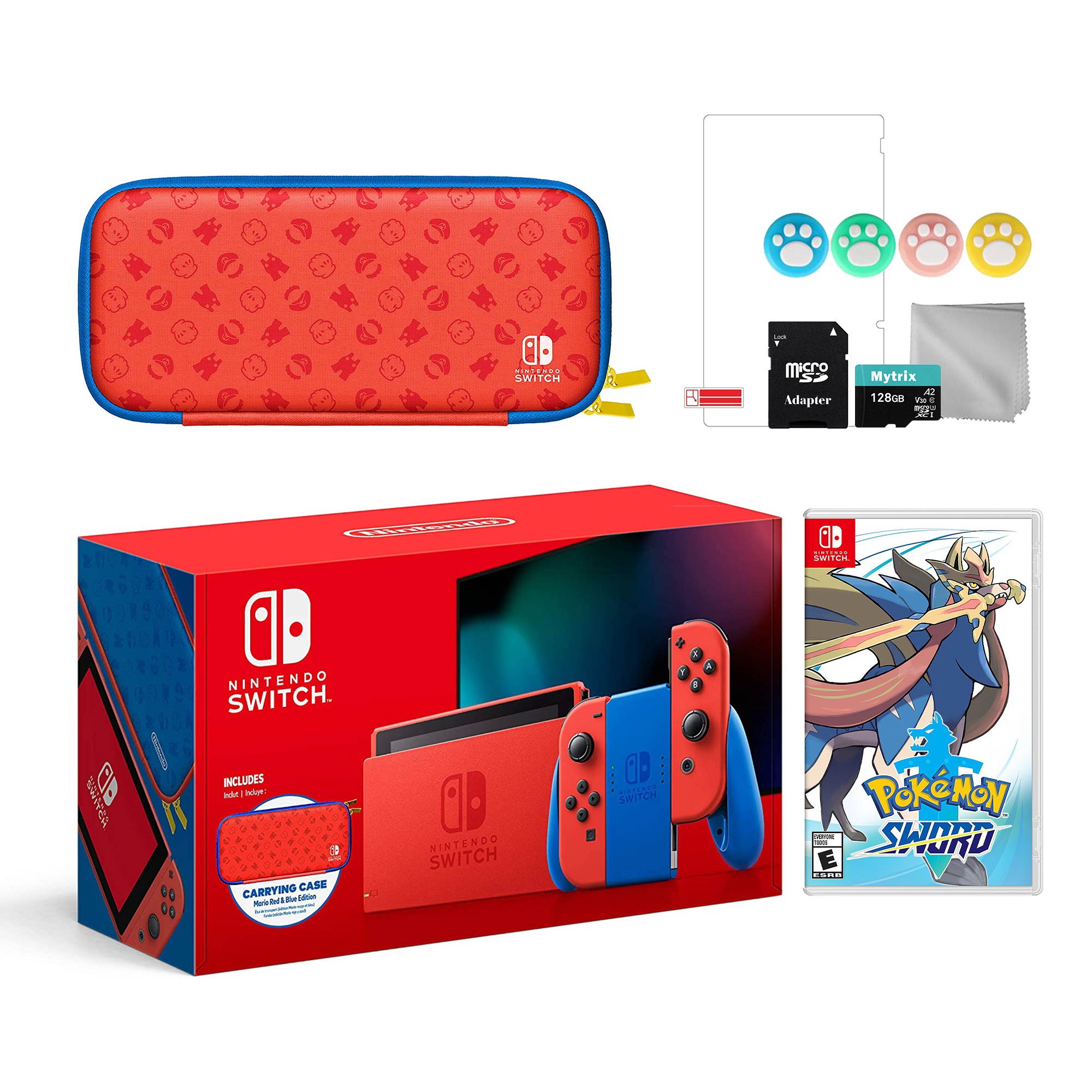 2021 New Nintendo Switch Mario Red & Blue Limited Edition with Mario Iconography Carrying Case and Screen Protector Bundle With Pokemon Sword And Mytrix Accessories
