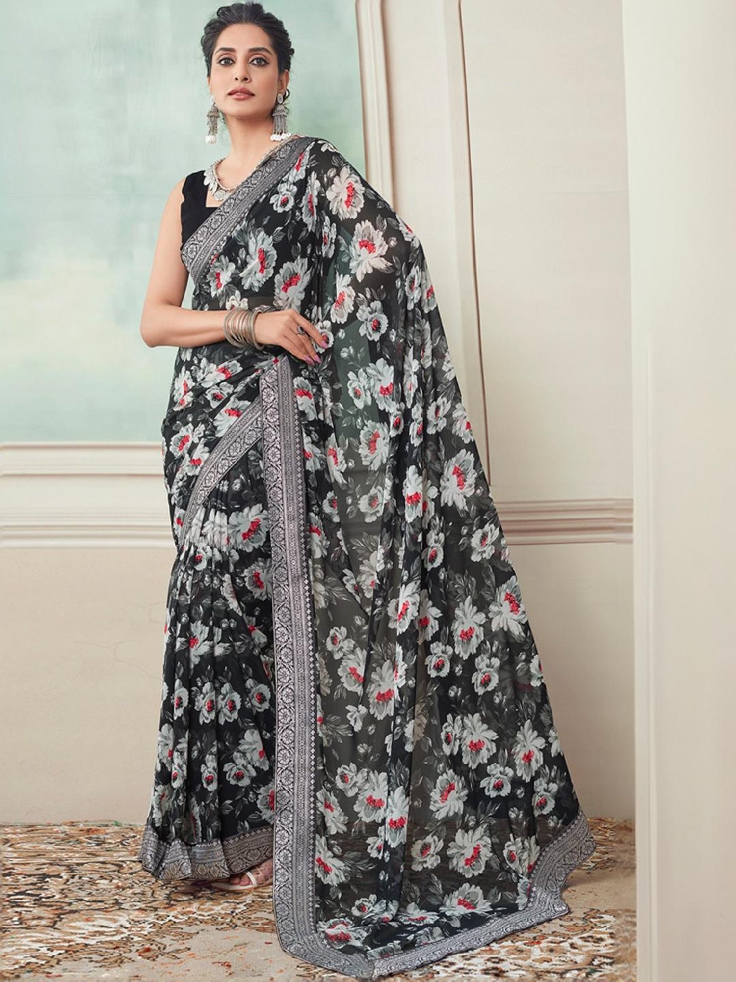 Satrani Black Floral Print Saree With Unstitched Blouse