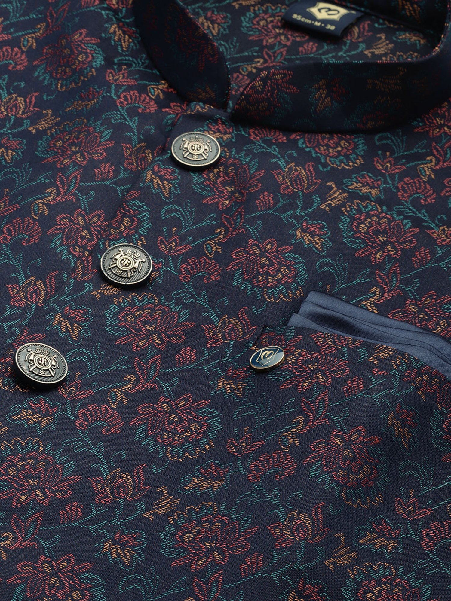 Manyavar Blue Regular Fit Floral Print Nehru Jacket