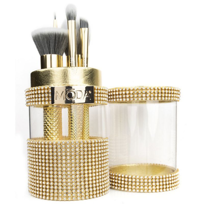 MODA Brush Metallics 6pc Full Face Gold Makeup Brush Set with Gold Gem Brush Container, Includes - Blush, Triad Eye, Crease and Flat Liner Brushes