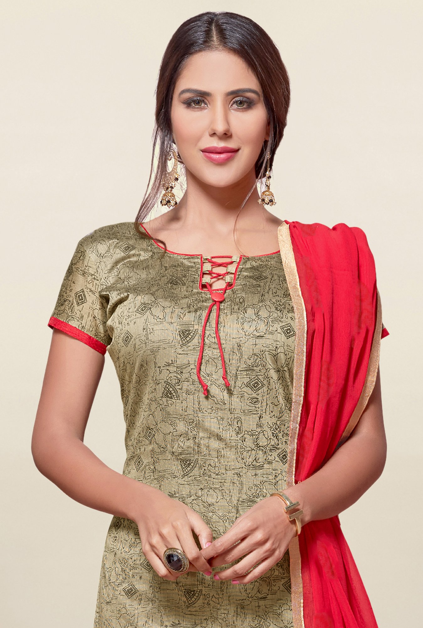 Saree Mall Beige & Coral Printed Cotton Dress Material