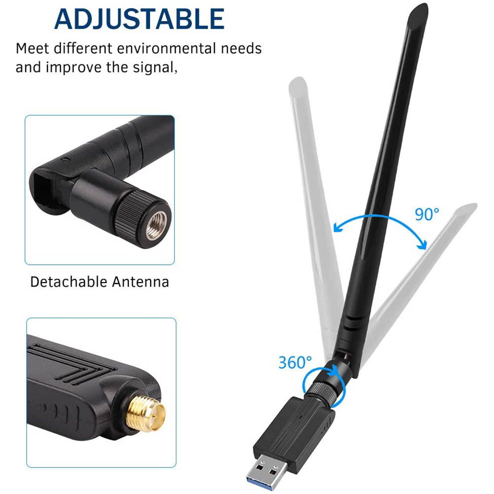 USB Wifi Adapter 1200Mbps USB 3.0 Wireless Network Dual Band 5.8G/2.4G adapter with 5dBi Antenna for Mac PC Desktop Laptop, Compatible with Windows XP/Vista/7/8/10 Linx2.6X Mac OS X