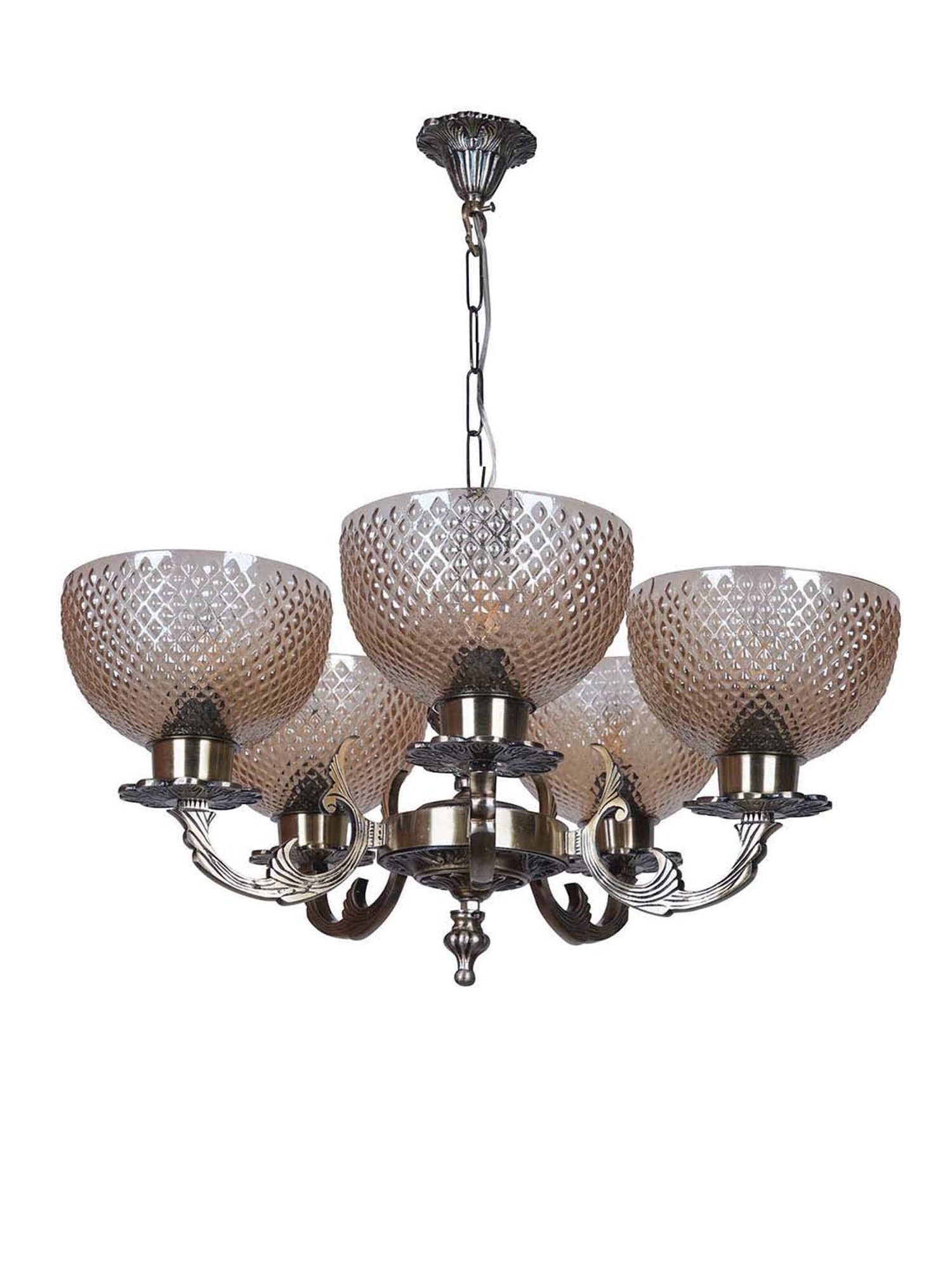 FOS LIGHTING Classic Meena Golden Aluminium 5-In-1 Glass Chandelier