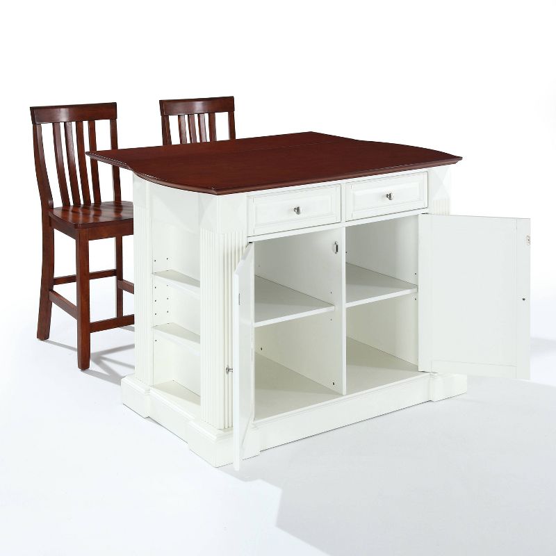 Coventry Drop Leaf Top Kitchen Island with 2 School House Stools White - Crosley