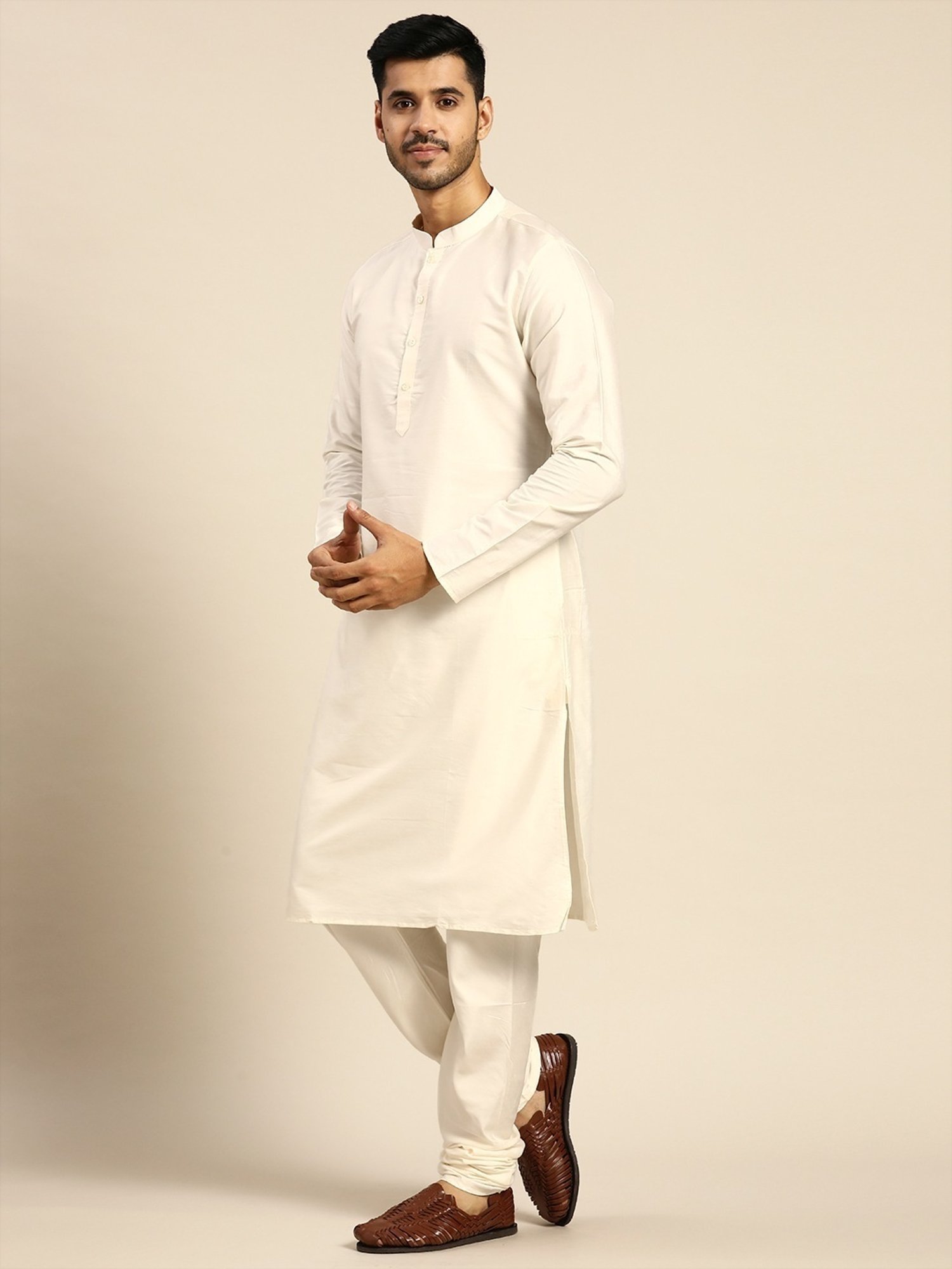 KISAH Cream Regular Fit Self Pattern Kurta Set With Jacket