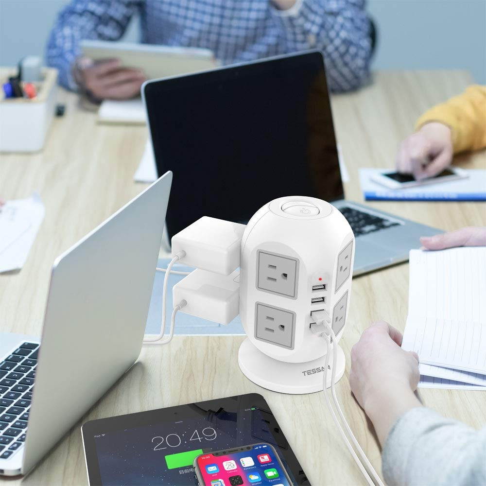 Power Strip Tower TESSAN Surge Protector 8 AC Outlets with 4 USB Ports Charging Station Long Extension Cord 10 Feet, Widely Spaced Multi Outlets, Circuit Breaker Safeguard for Home Office Dorm Room