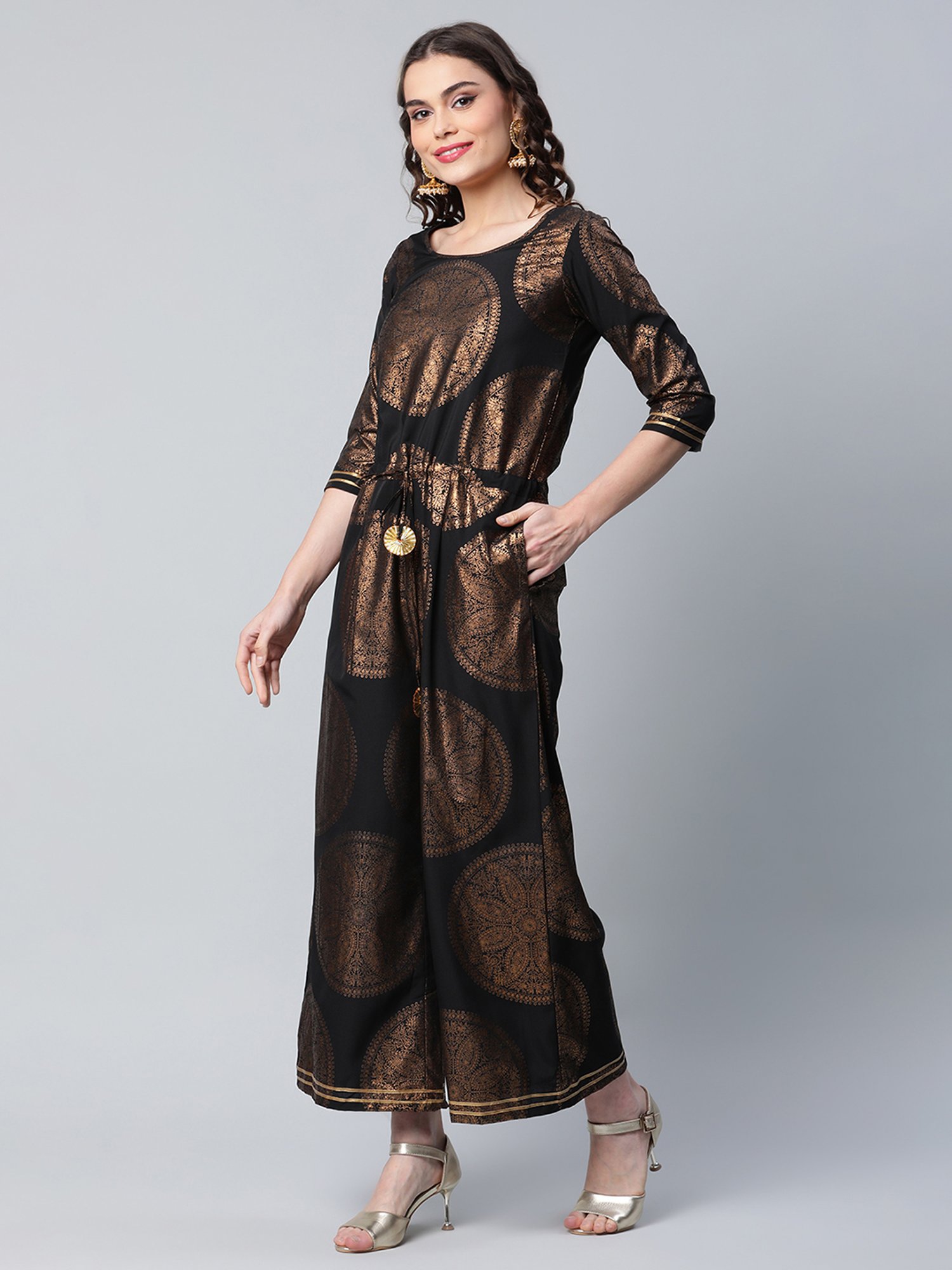 Ahalyaa Black & Golden Paisley Print Jumpsuit