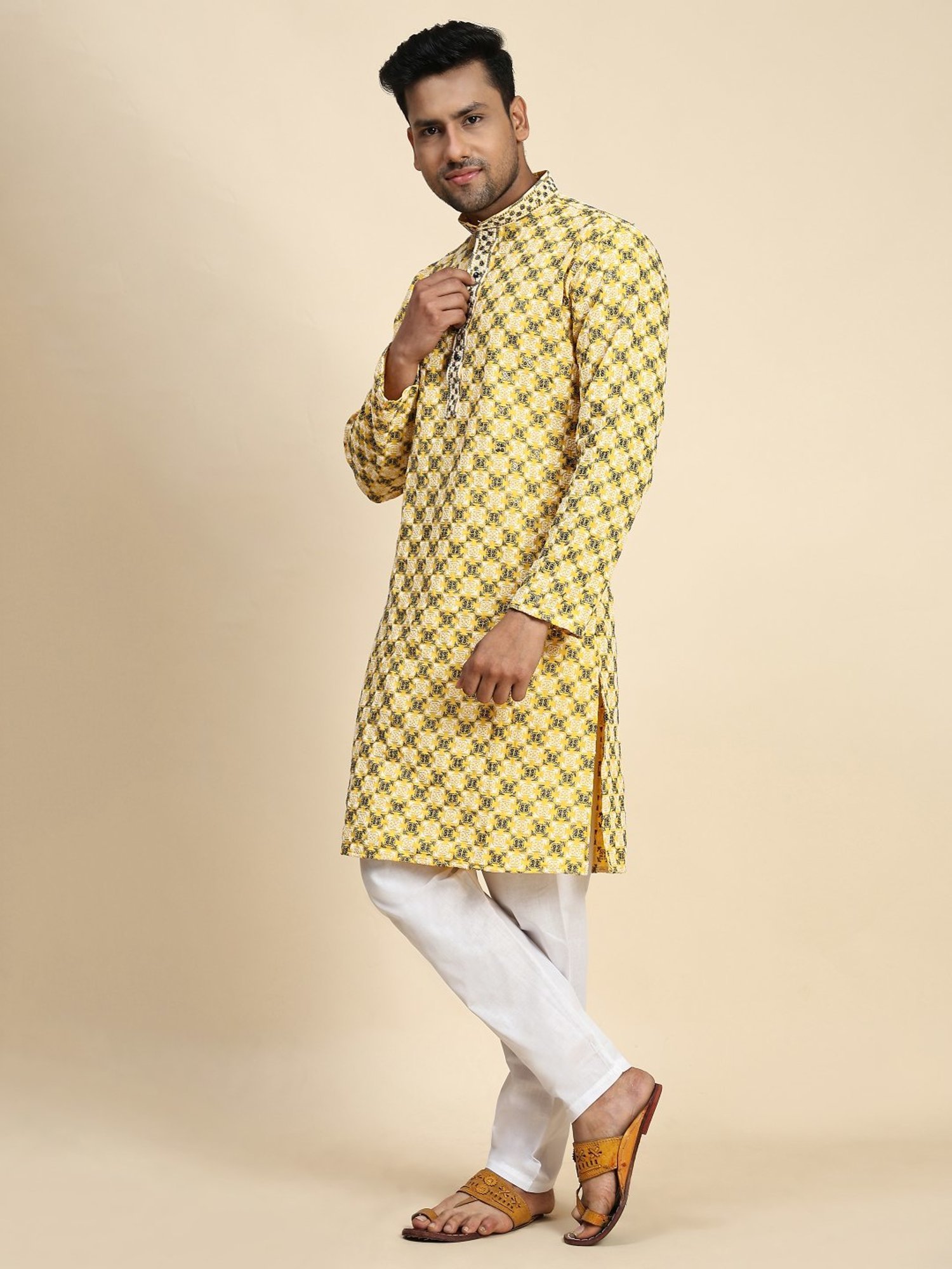 Pro-Ethic Style Developer Yellow & White Cotton Regular Fit Embellished Kurta Bottom Set