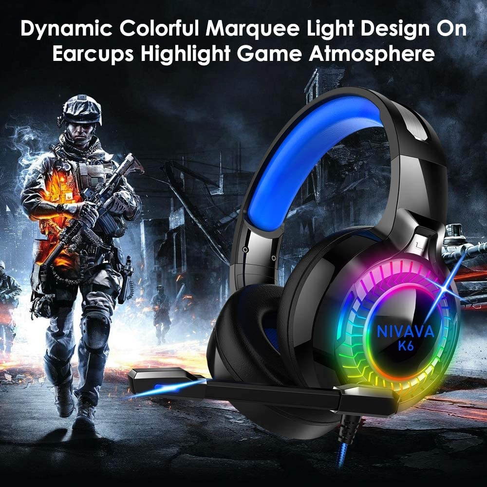 Nivava Gaming Headset for PS4, Xbox One, PC Headphones with Microphone LED Light Mic for Nintendo Switch PS5 Playstation Computer, K6